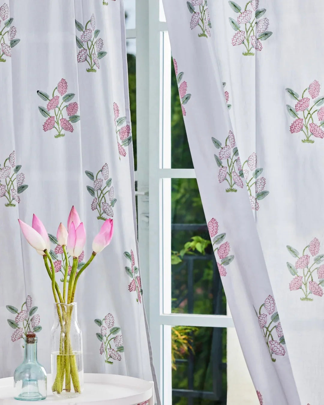 Light Grey & Pink Hand Block Printed Linen Curtains | Lotus Flower Design-0