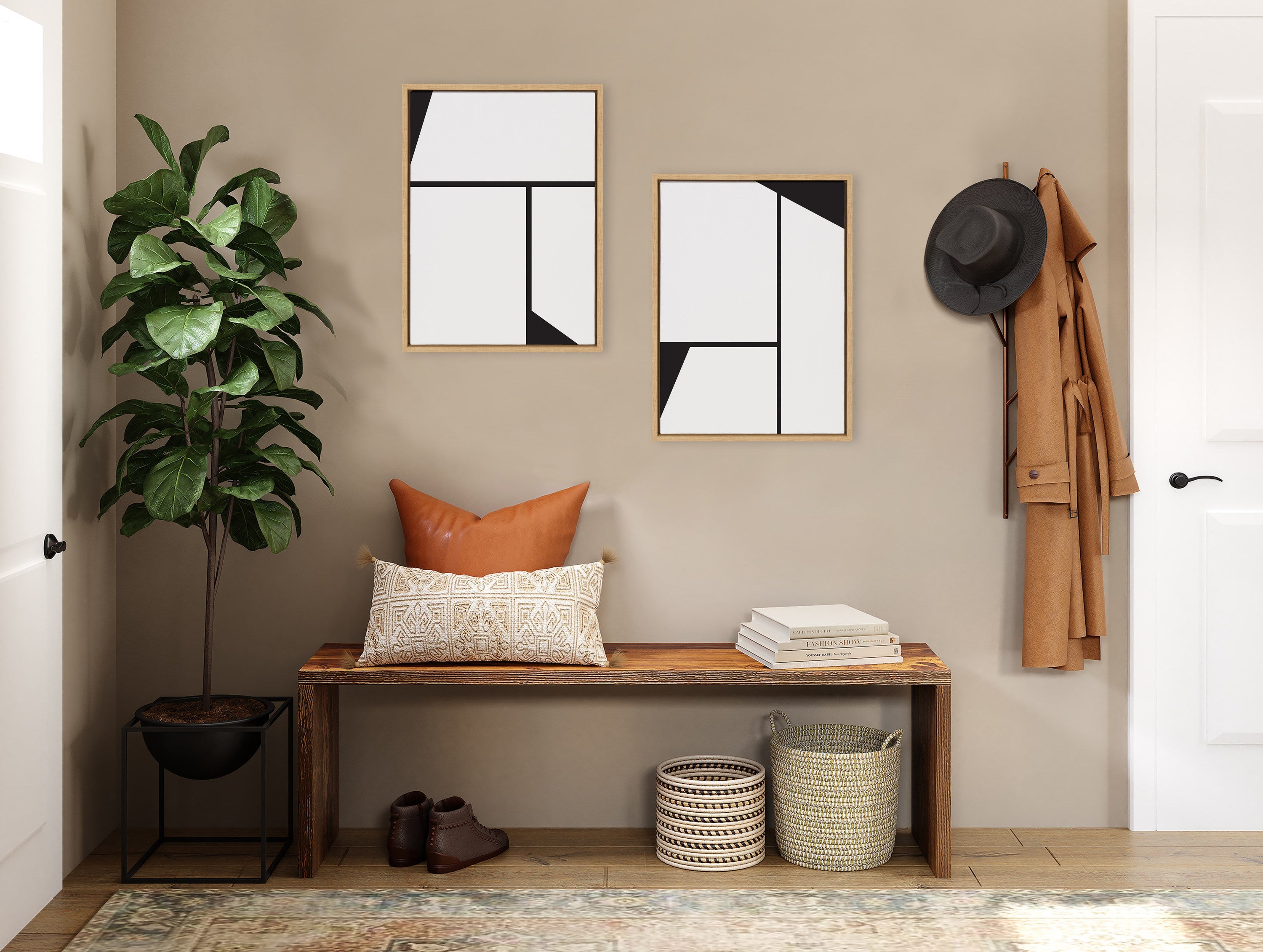 Sylvie Sleek Luxe Minimalist Black and White Abstract Framed Canvas Art Set by The Creative Bunch Studio