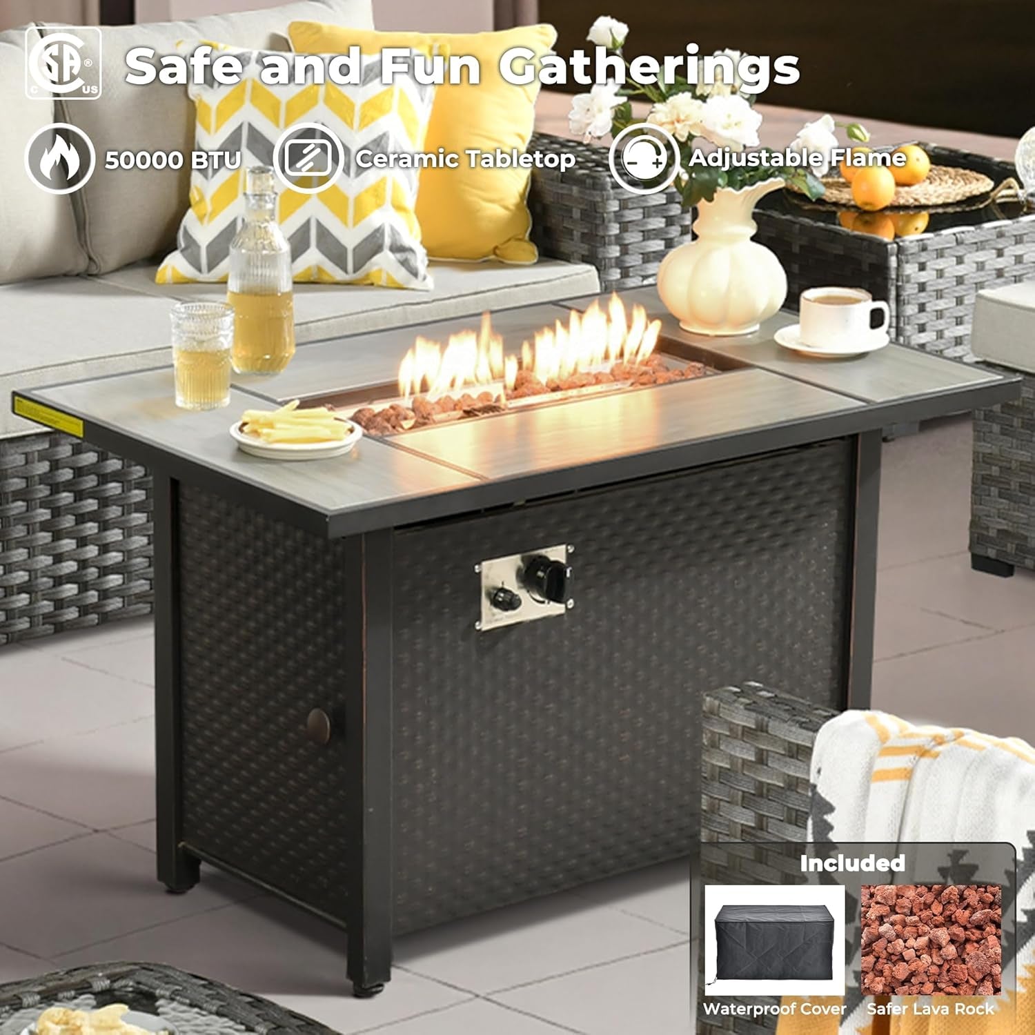 10 Piece Outdoor Wicker Sectional Sofa Set with Fire Pit