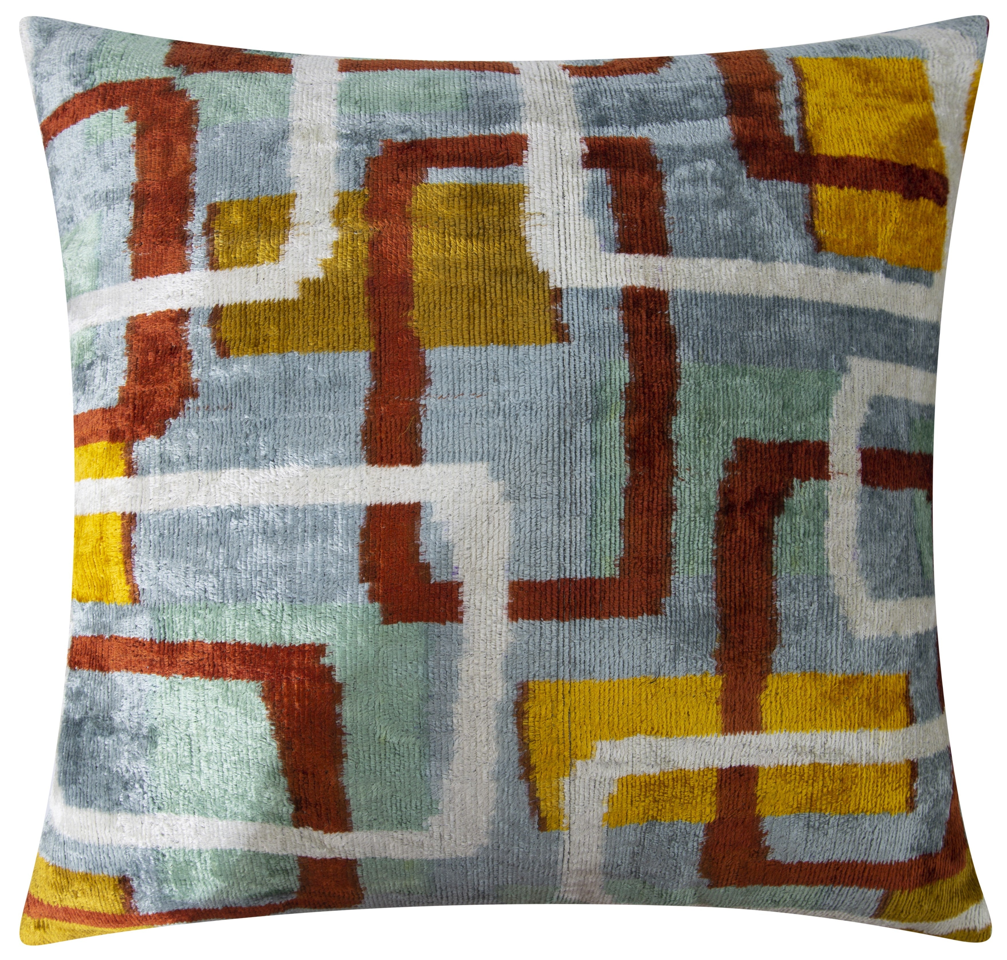 Handmade Silk Velvet Throw Pillow - 20x20, Modern Geometric Design in Burnt Orange, Yellow, and Mint Green with Down Feather Insert-3