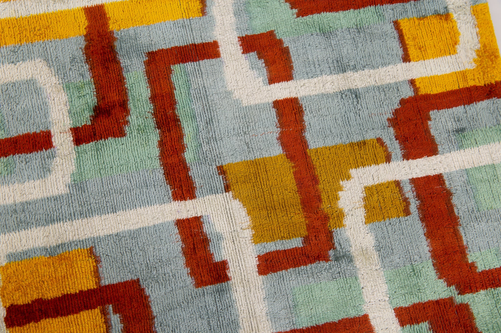 Handmade Silk Velvet Throw Pillow - 20x20, Modern Geometric Design in Burnt Orange, Yellow, and Mint Green with Down Feather Insert-1