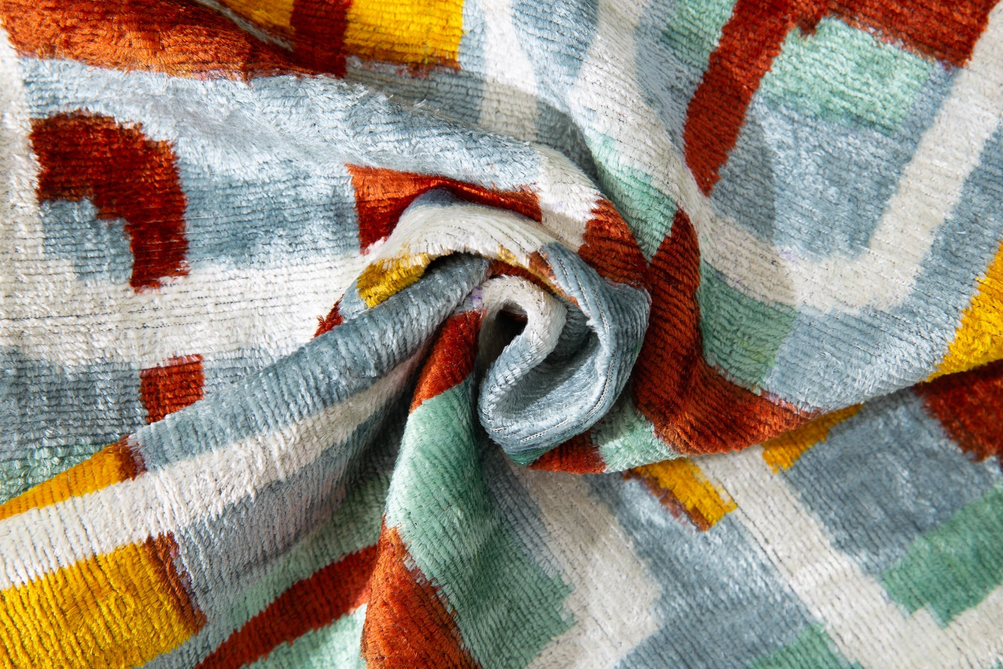 Handmade Silk Velvet Throw Pillow - 20x20, Modern Geometric Design in Burnt Orange, Yellow, and Mint Green with Down Feather Insert-2