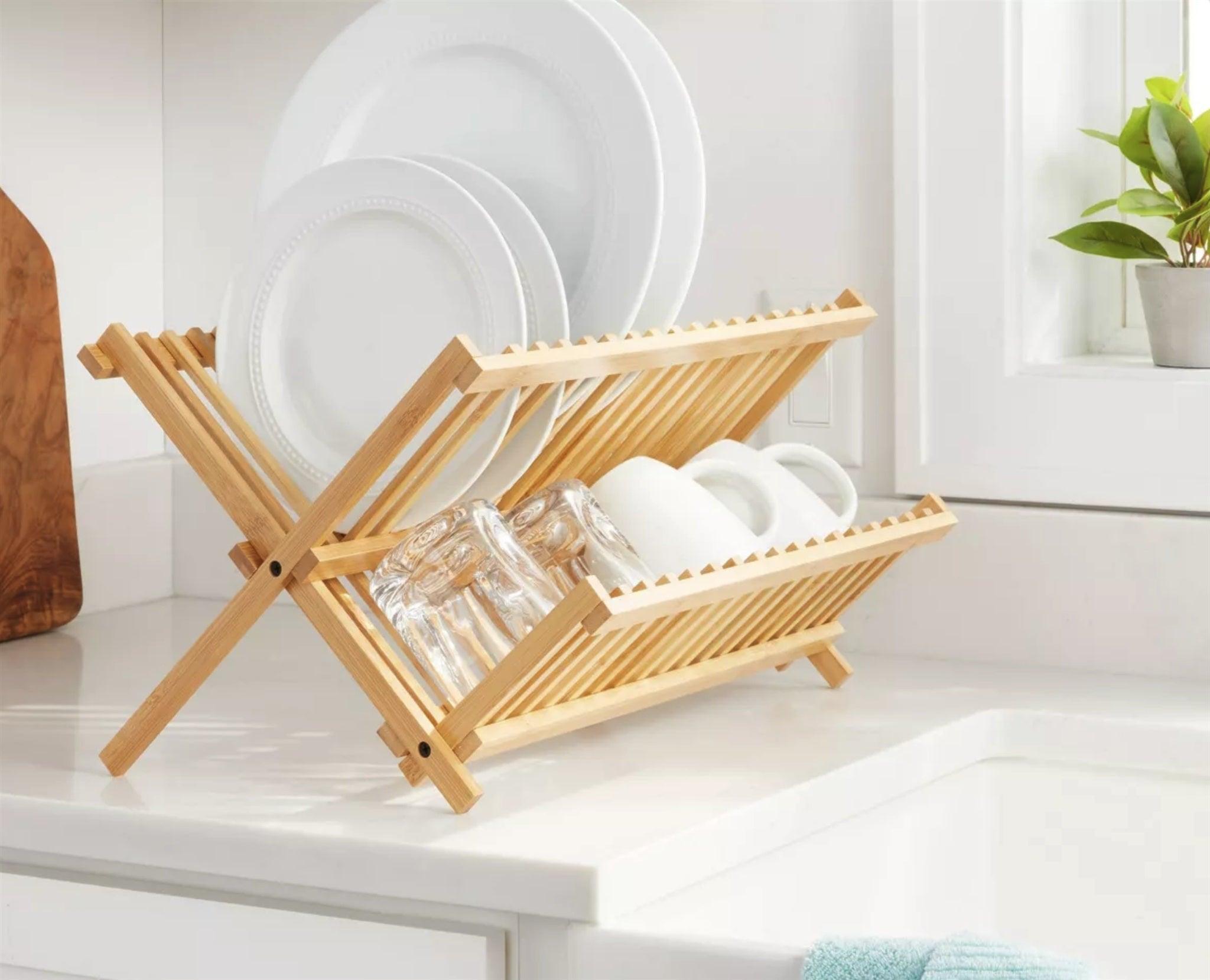 Bamboo Dish Drying Rack - 2-Tier Foldable Dish Rack for Kitchen Counter