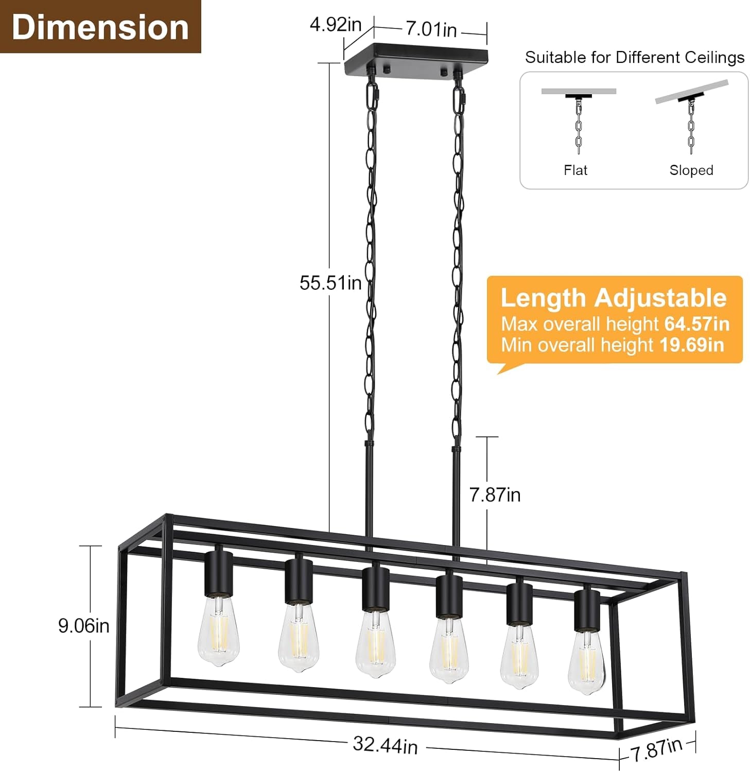 Six Light Black Linear Chandelier With Adjustable Height-1