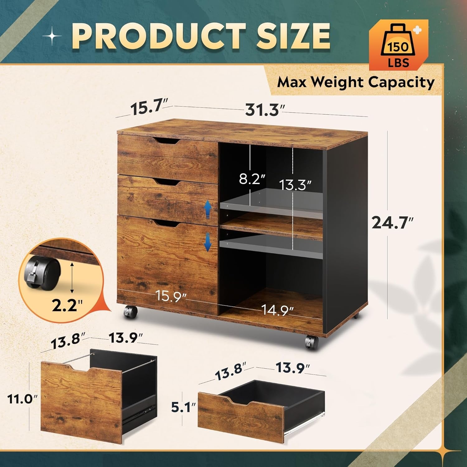 Mobile 3 Drawer Wood File Cabinet With Open Storage Shelves Rustic Brown