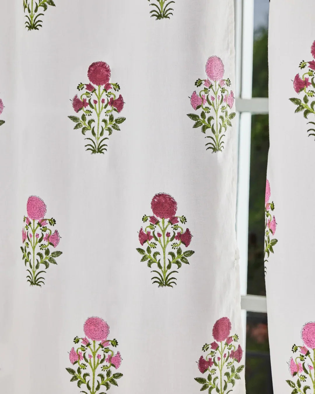 White & Pink Hand Block Printed Linen Curtains | Floral Design-0