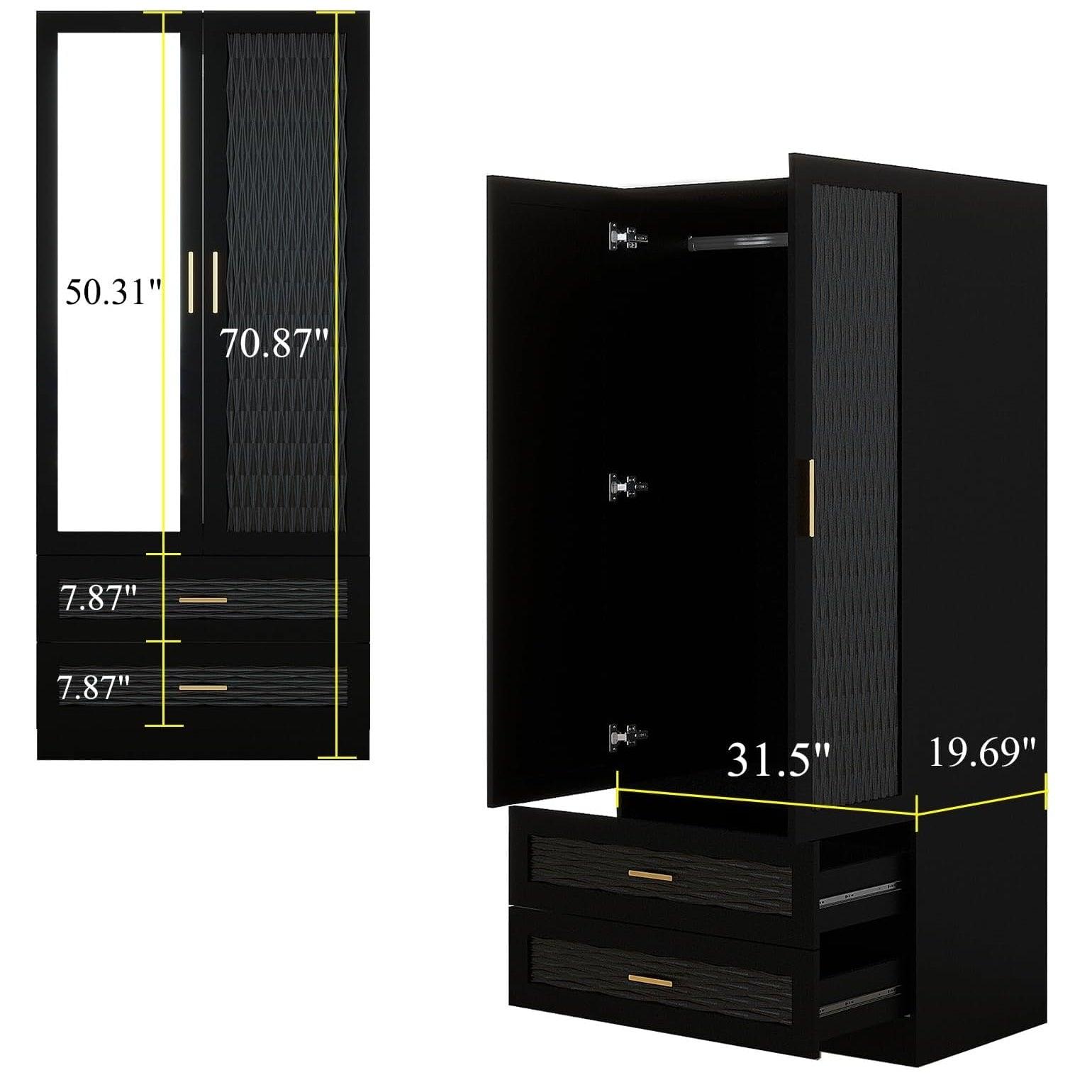 Modern Black Wooden Armoire Wardrobe with Mirror, 2 Doors, Drawers & Shelving | Large Capacity Closet for Bedroom - PRHOMZ