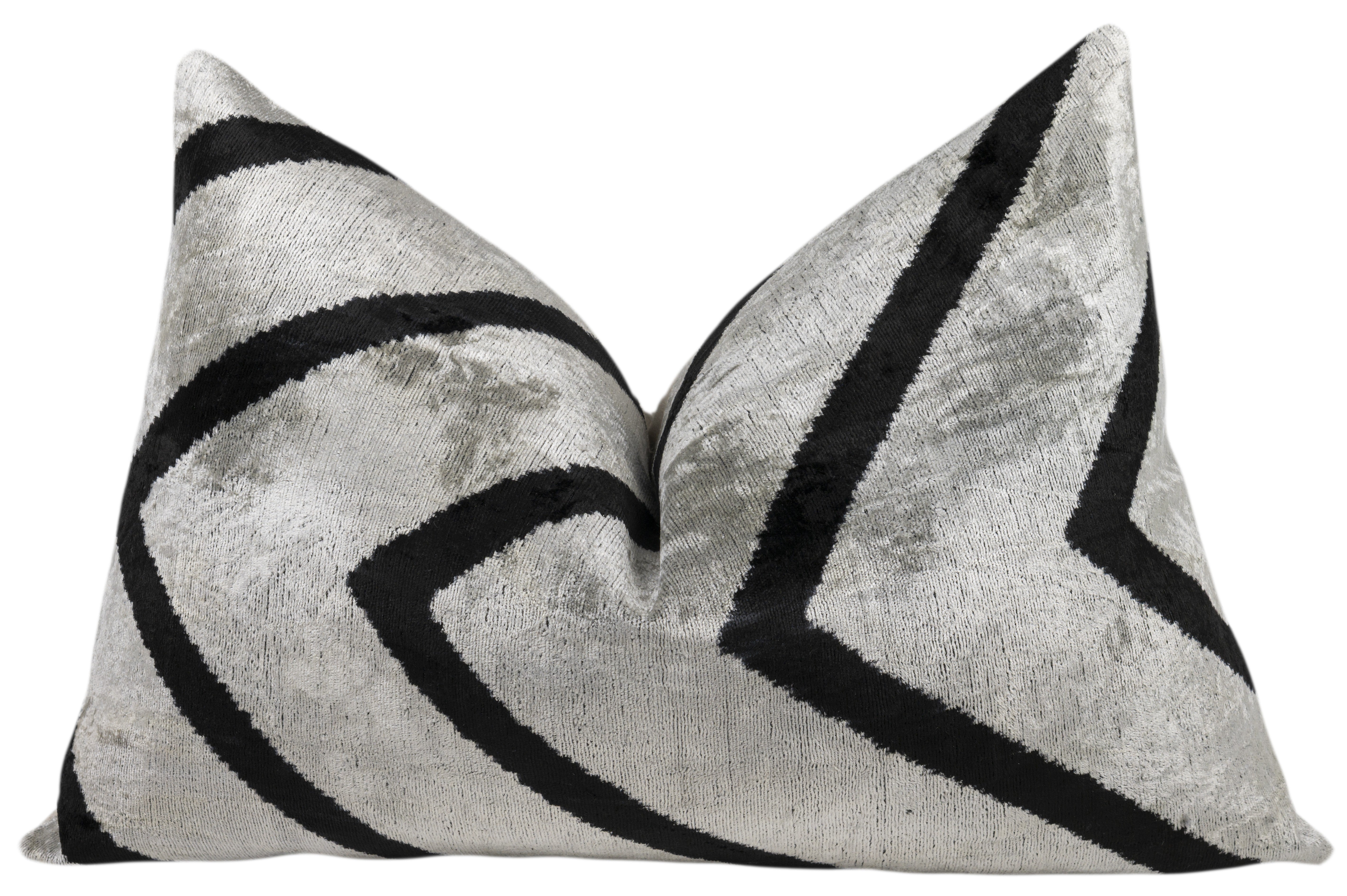 Handmade Velvet Pillow – Silver & Black Chevron, 16x24"-0