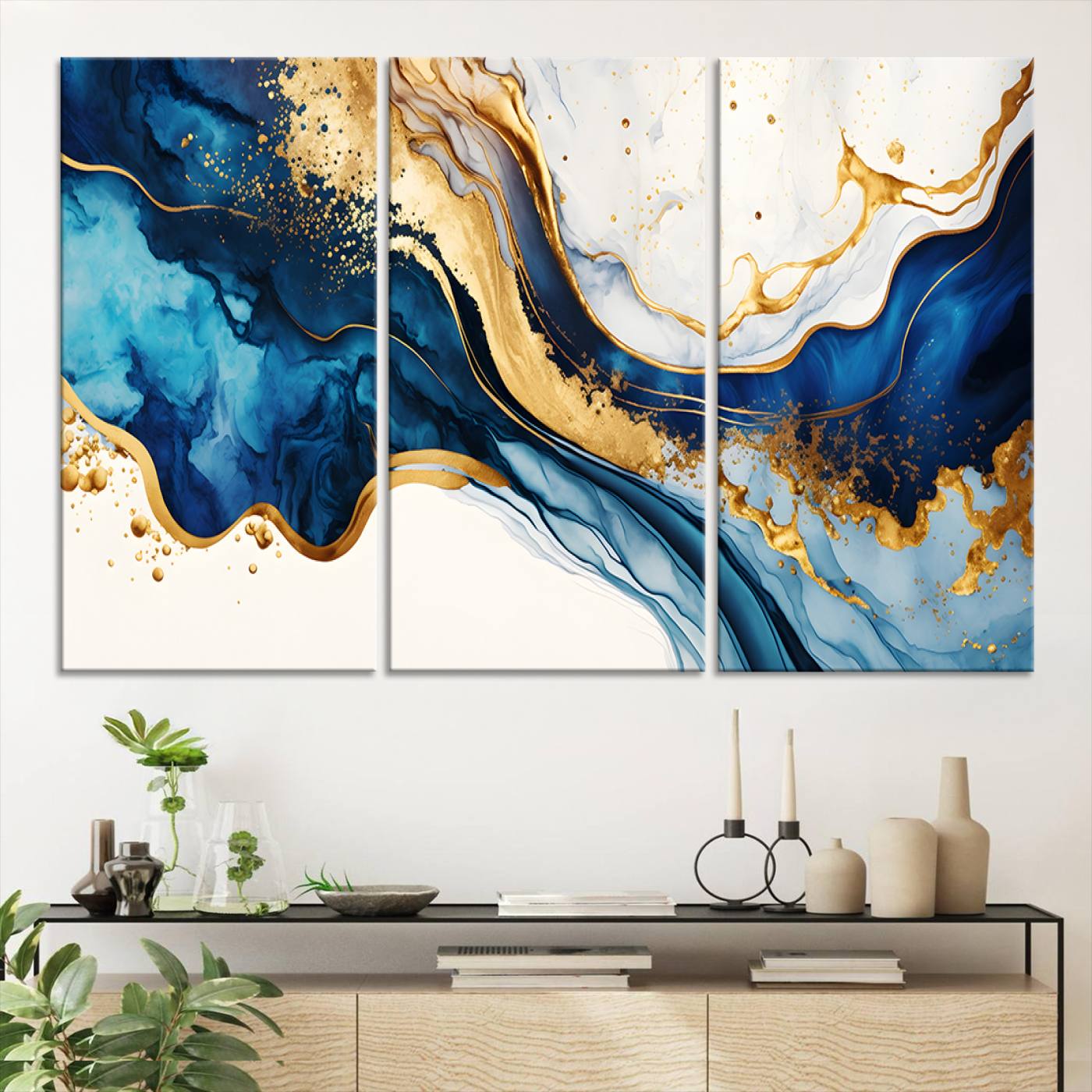Blue Gold Flow Wall Art Canvas Print – Framed Marble Design