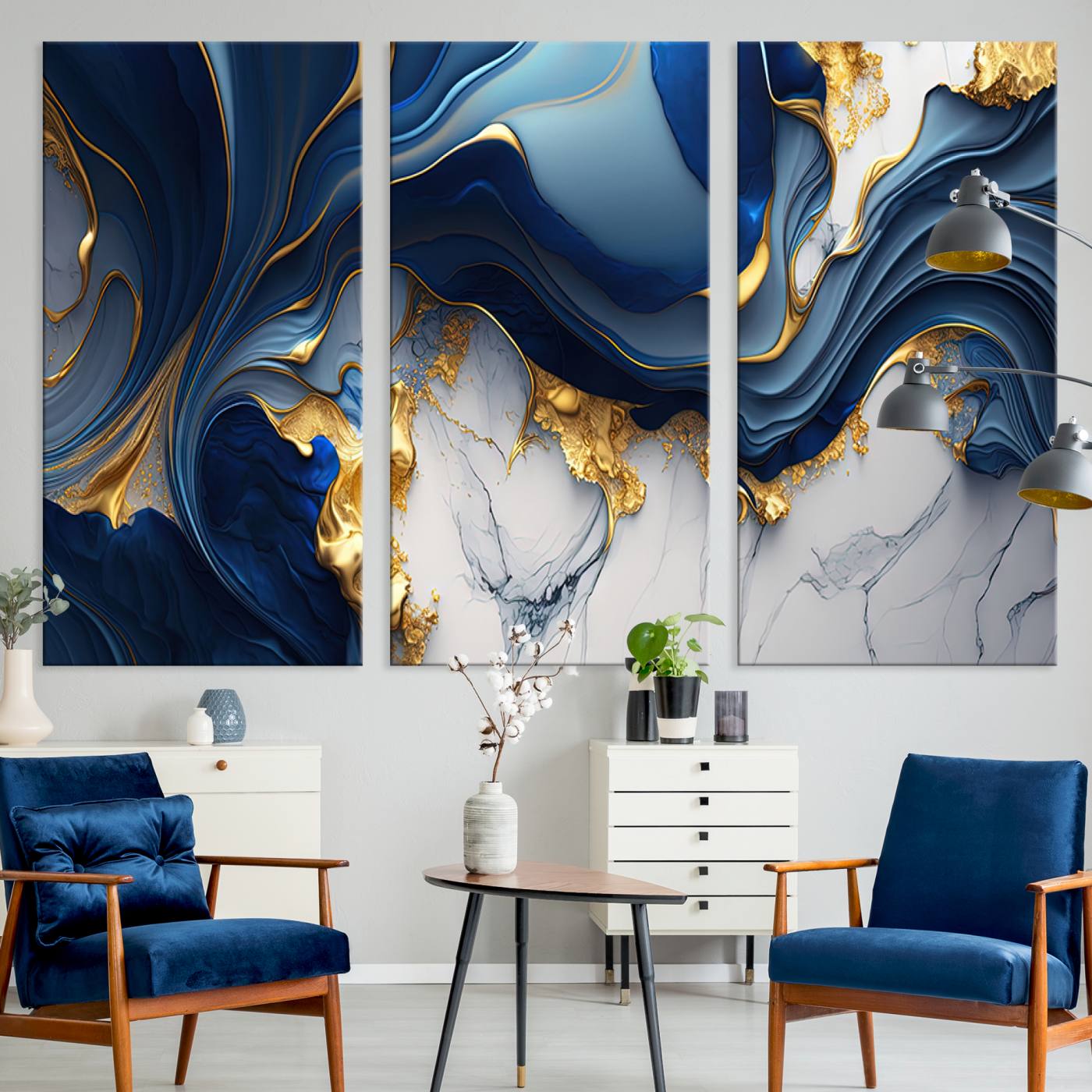 Blue Marble Wall Art Canvas Print – Framed Gold Veins