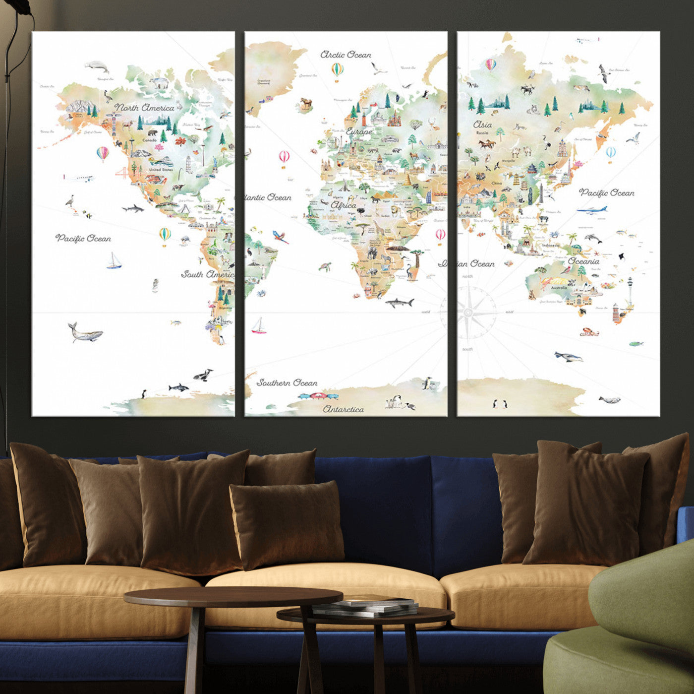 Animal World Map for Kids Room Decor