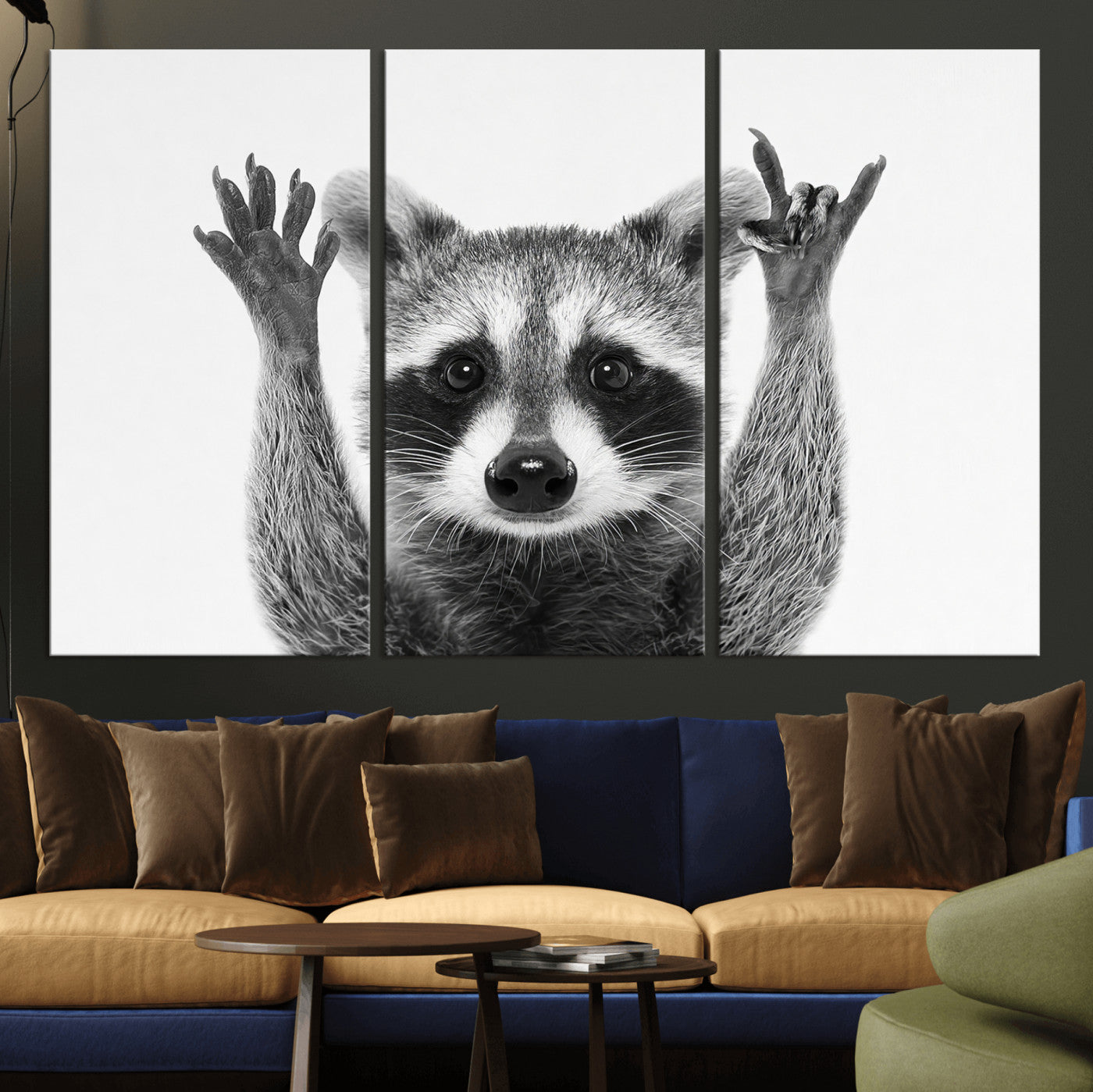 Funny Raccoon Canvas Wall Art, Black White Hands Up Animal Photo Print, Humorous Wildlife Decor, Kids Room Nursery Art, Quirky Animal Gift