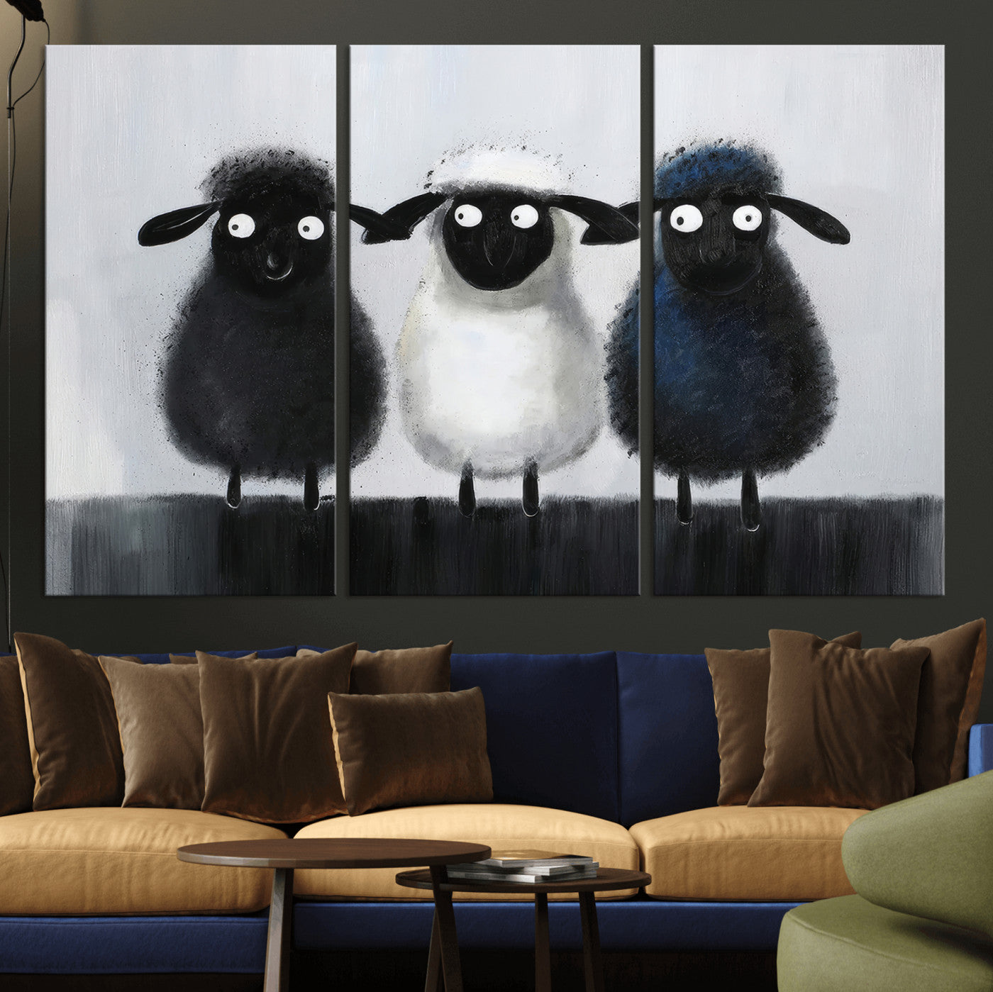 Funny Sheep Canvas Wall Art, Three Quirky Sheep Painting Print, Cute Animal Nursery Decor, Black White Navy Farmhouse Art, Kids Room Gift