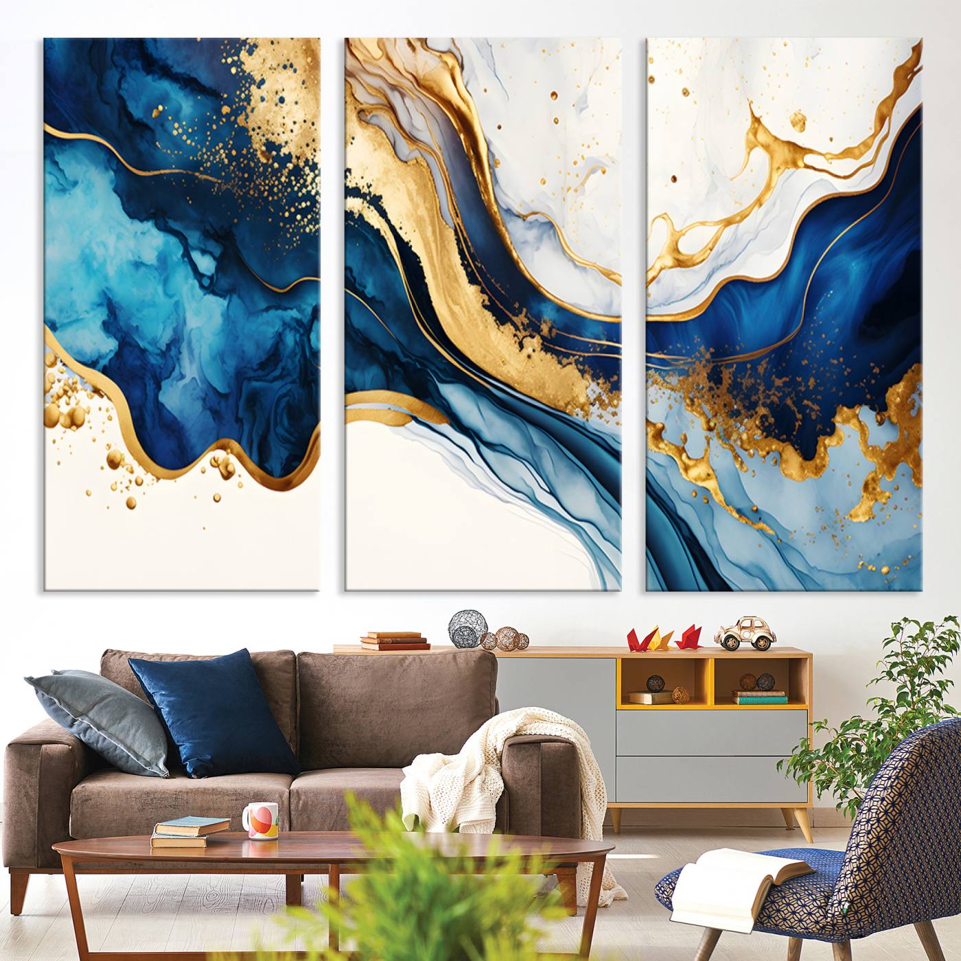 Blue Gold Flow Wall Art Canvas Print – Framed Marble Design