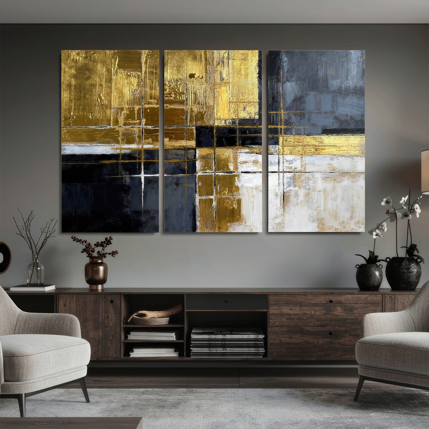 Gold Navy Abstract Wall Art Canvas Print, Modern Luxury