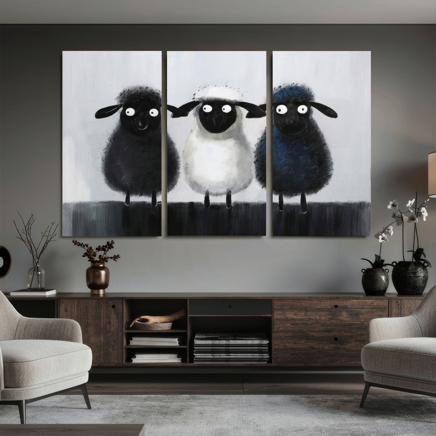 Funny Sheep Canvas Wall Art, Three Quirky Sheep Painting Print, Cute Animal Nursery Decor, Black White Navy Farmhouse Art, Kids Room Gift
