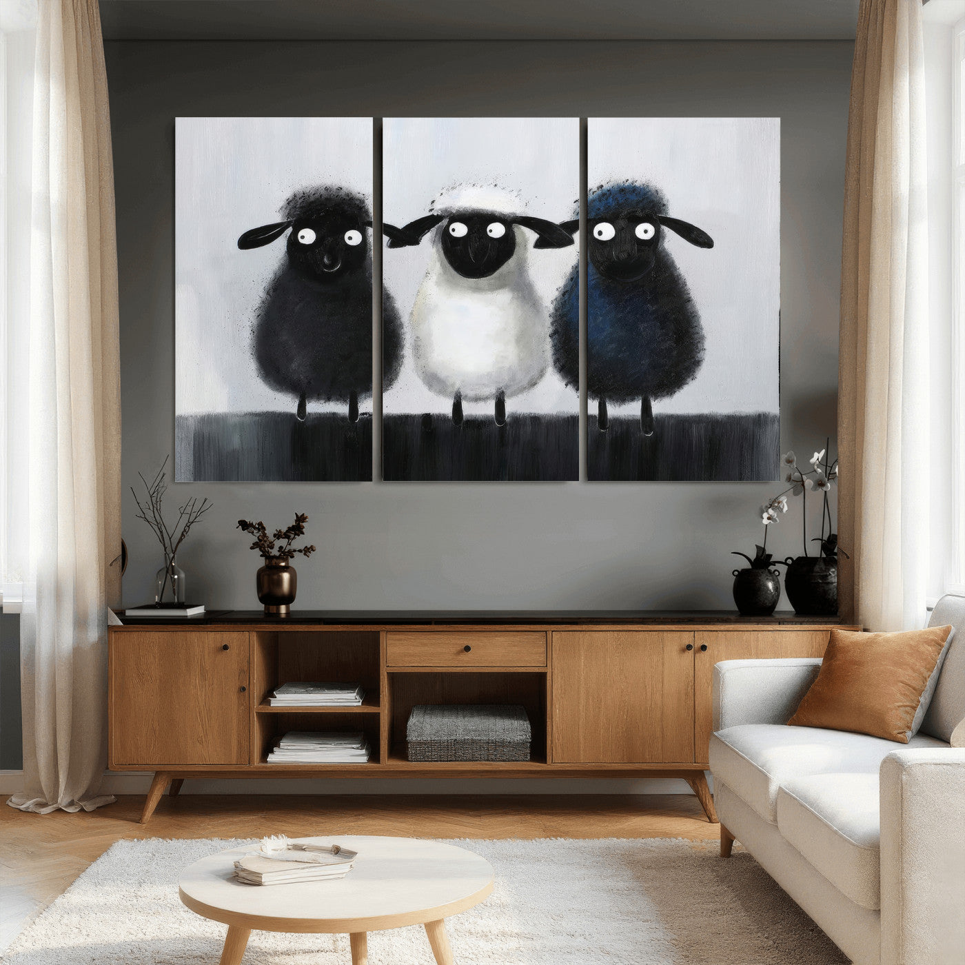 Funny Sheep Canvas Wall Art, Three Quirky Sheep Painting Print, Cute Animal Nursery Decor, Black White Navy Farmhouse Art, Kids Room Gift