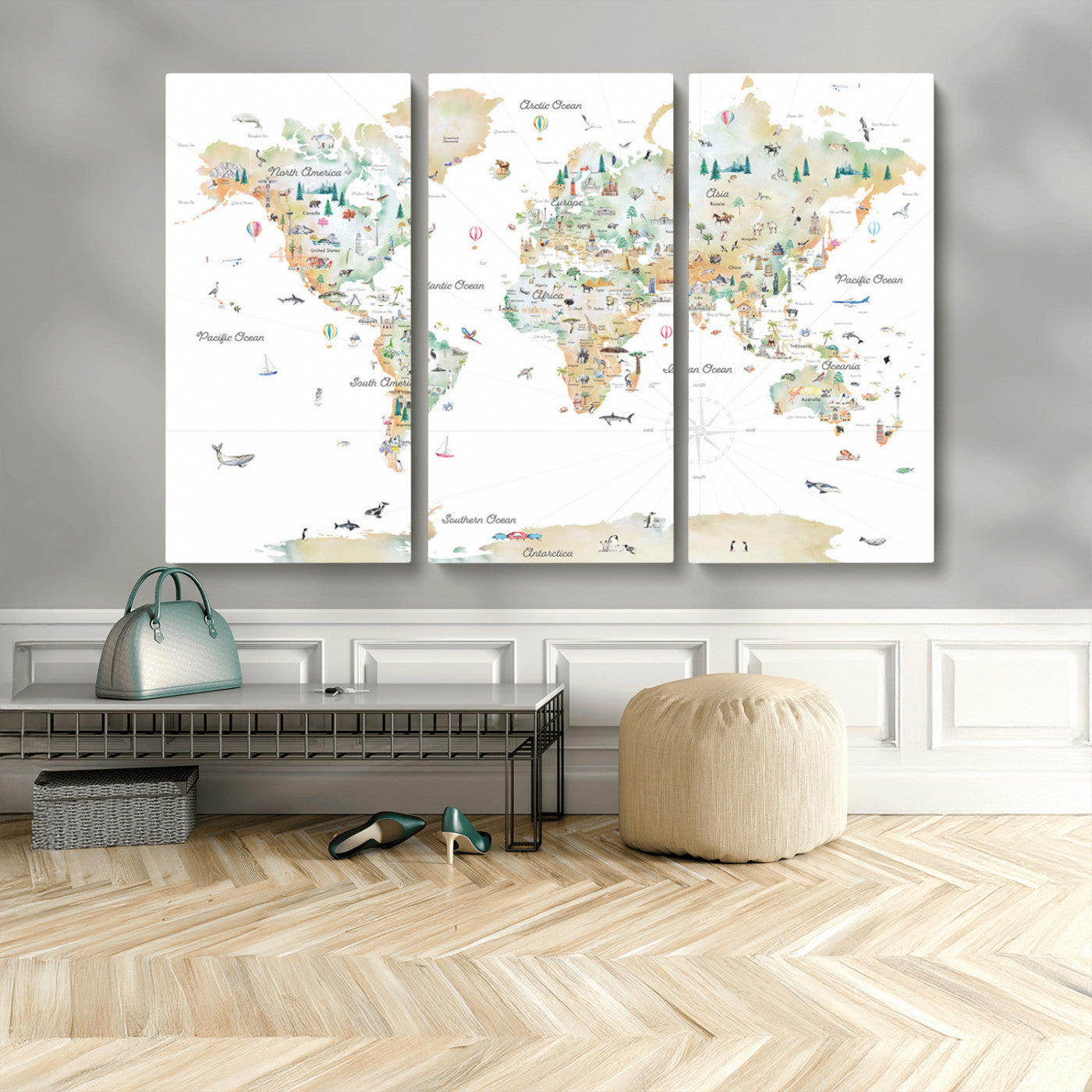 Animal World Map for Kids Room Decor