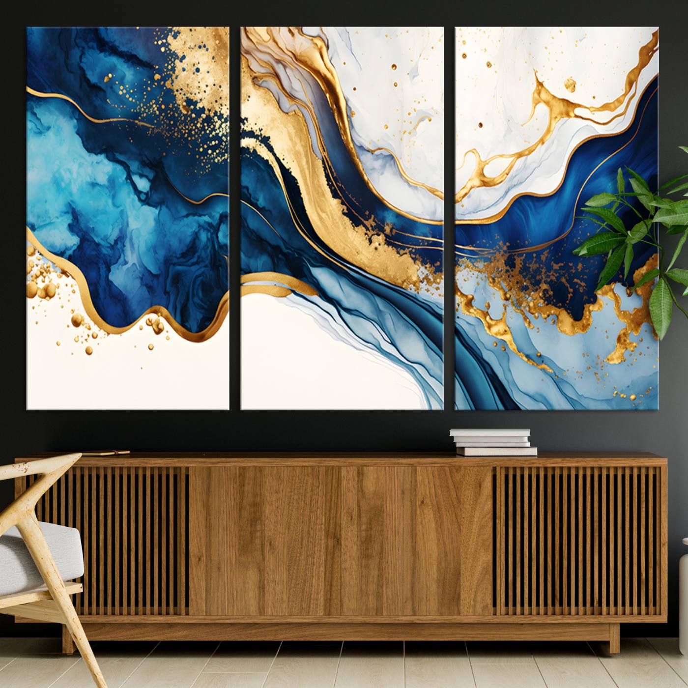 Blue Gold Flow Wall Art Canvas Print – Framed Marble Design