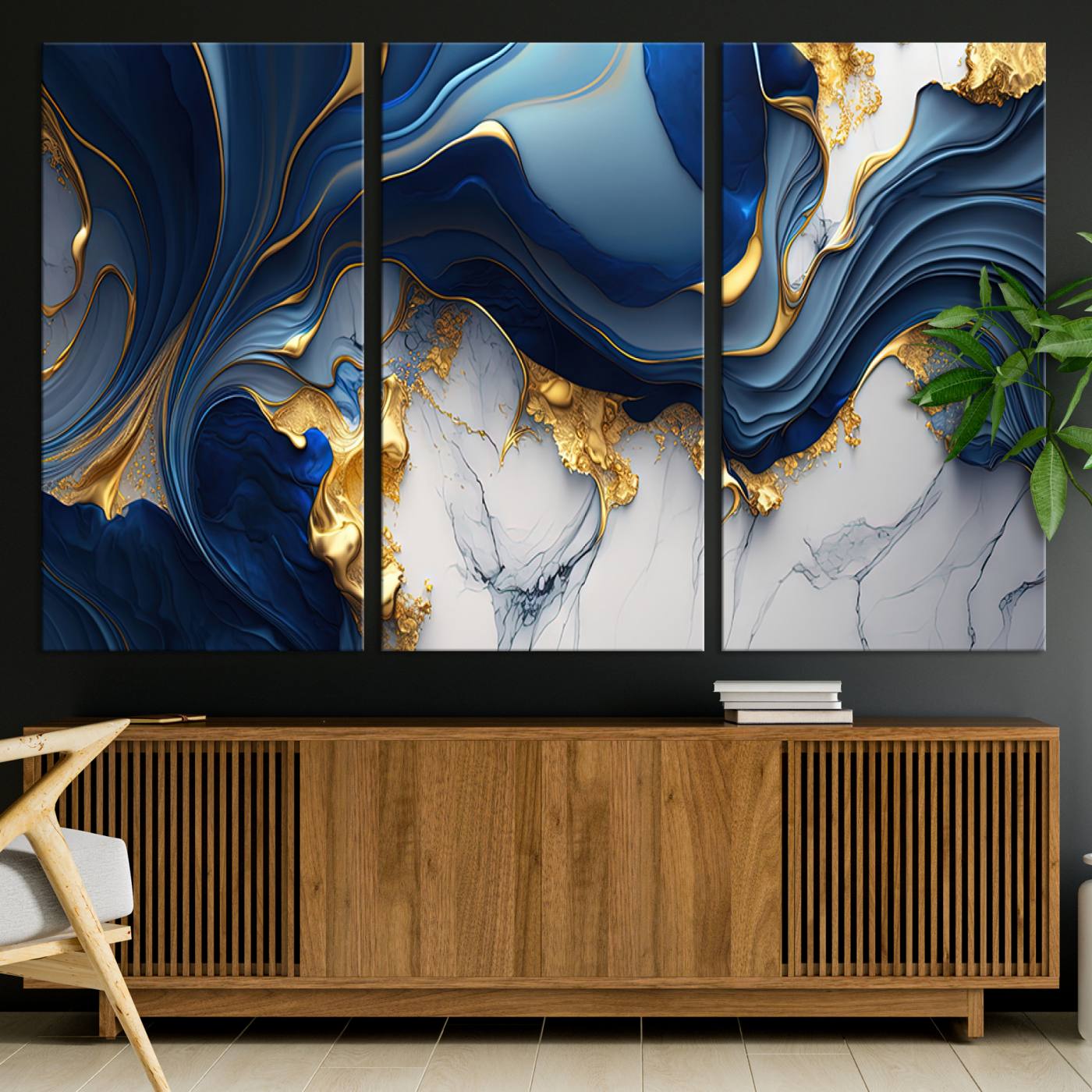 Blue Marble Wall Art Canvas Print – Framed Gold Veins