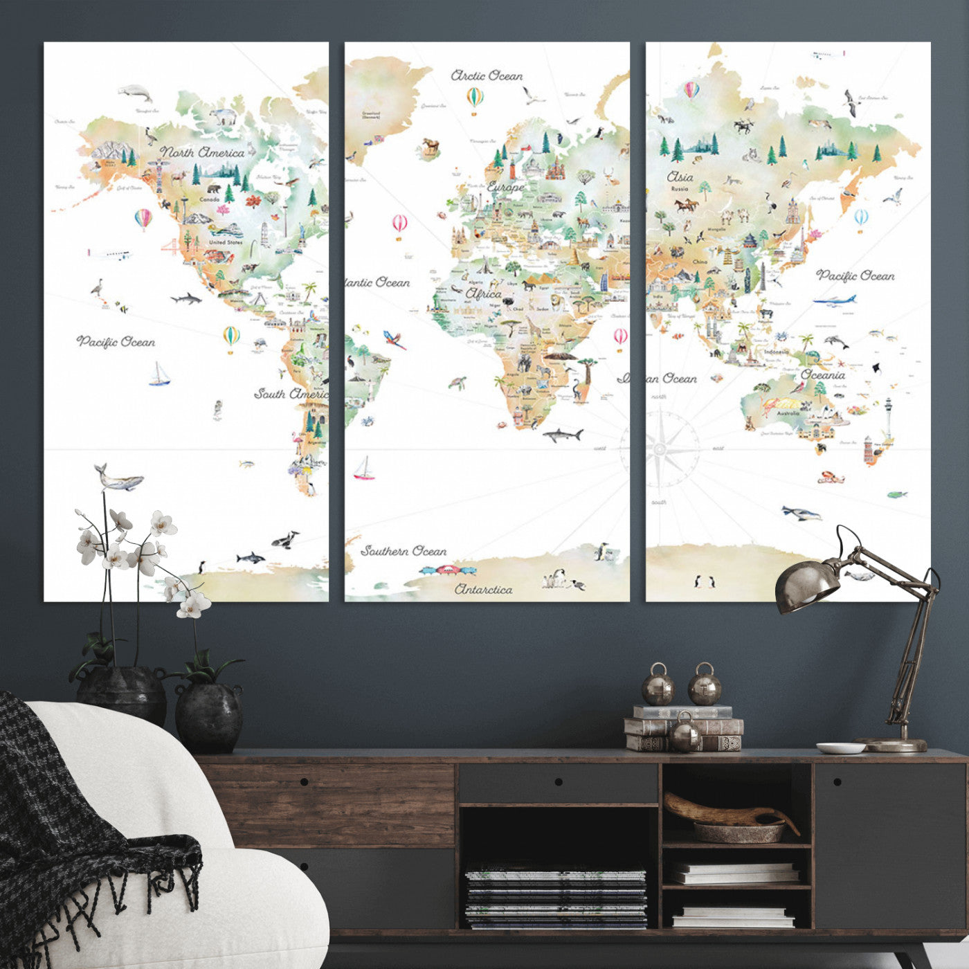 Animal World Map for Kids Room Decor