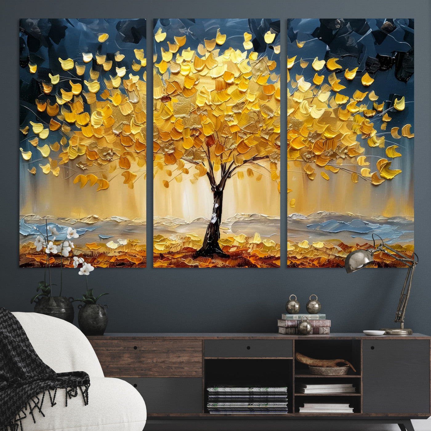 Golden Tree Wall Art – Framed Autumn Leaves Canvas Artwork,
