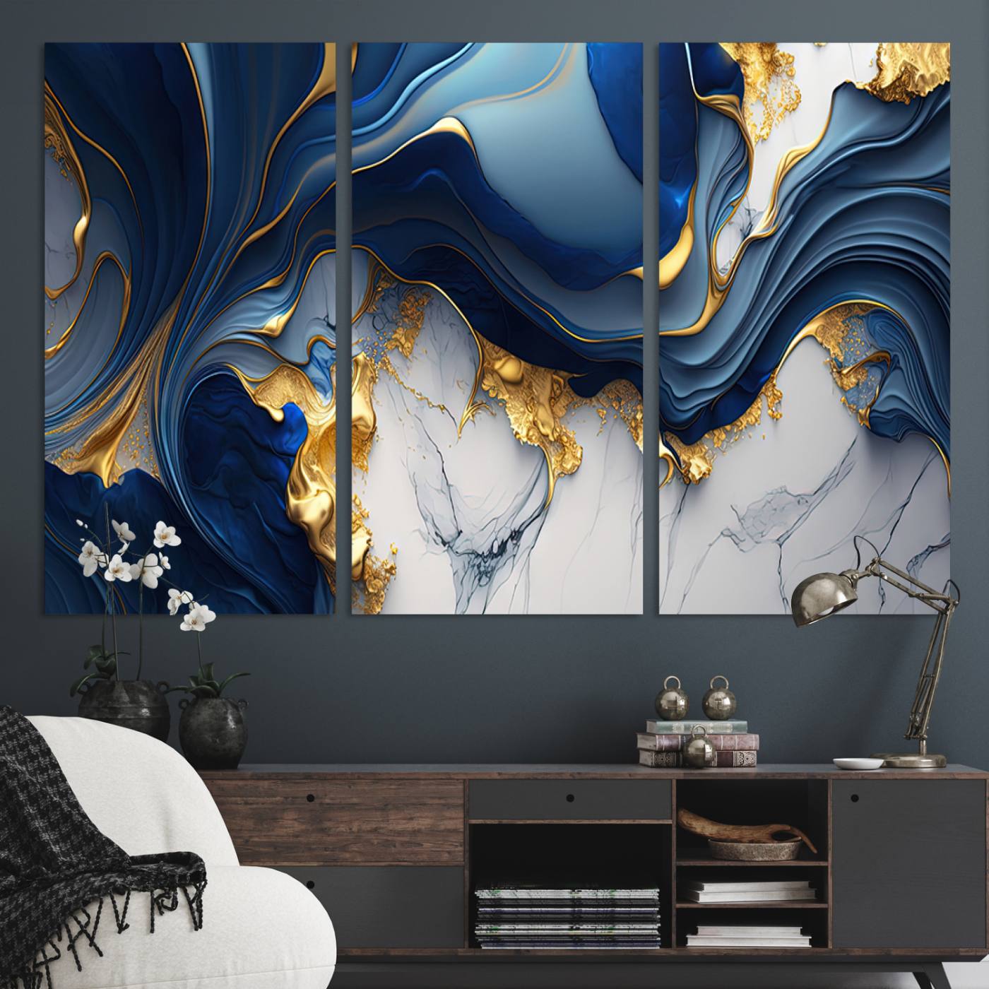 Blue Marble Wall Art Canvas Print – Framed Gold Veins