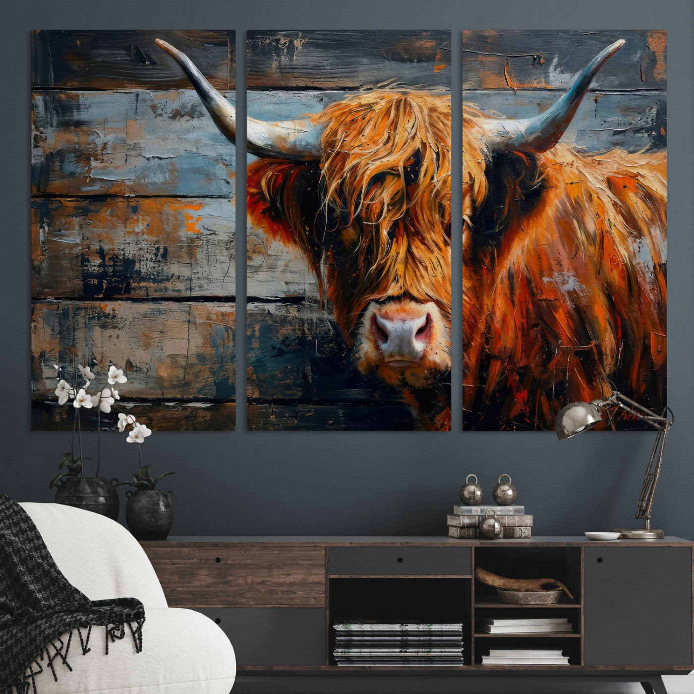 Highland Cow Wall Art Canvas Print, Abstract Rustic Farm