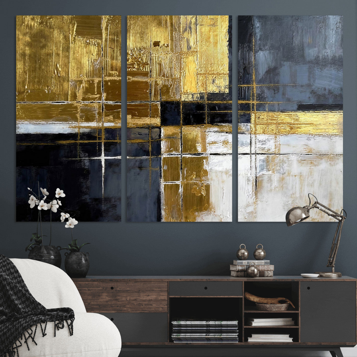 Gold Navy Abstract Wall Art Canvas Print, Modern Luxury