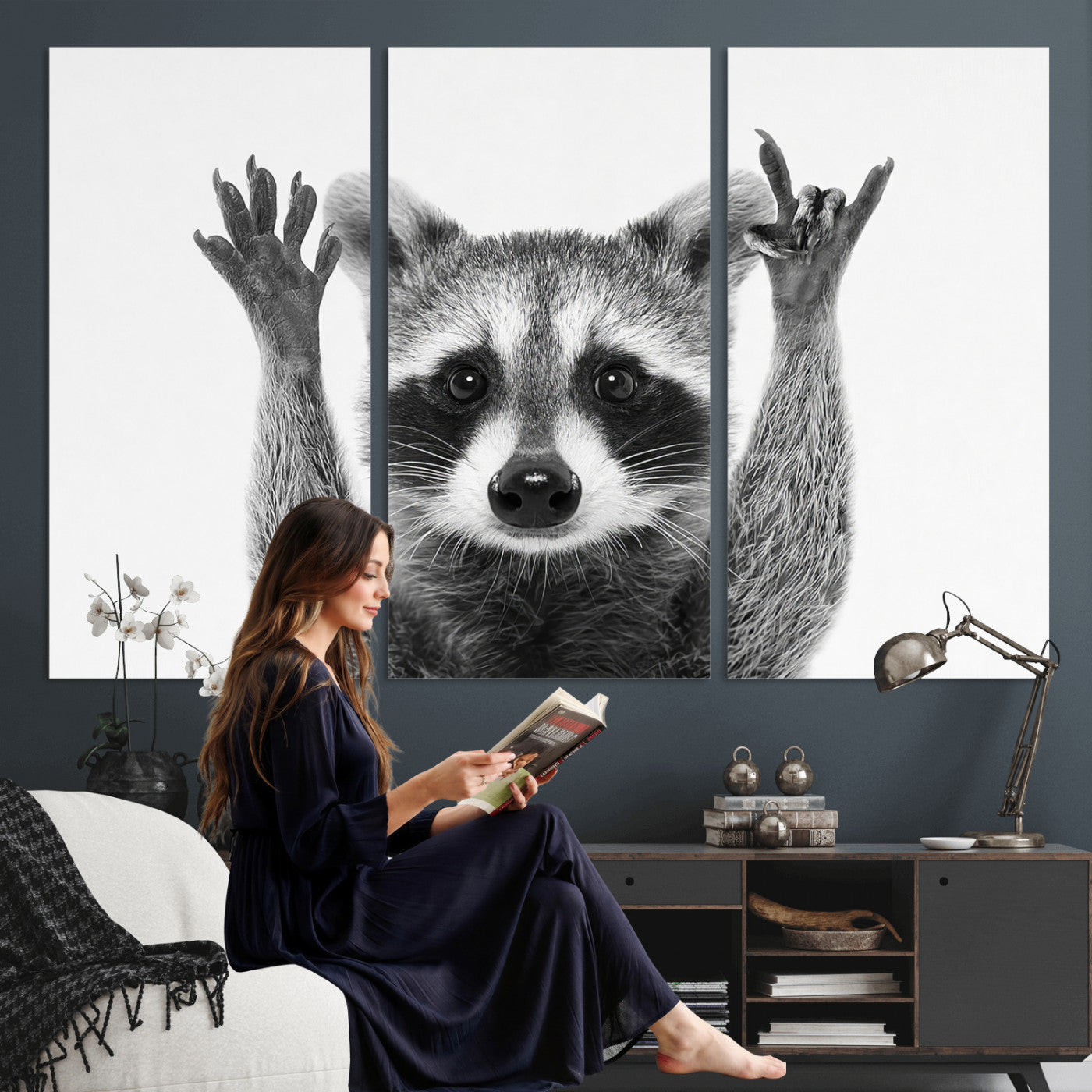 Funny Raccoon Canvas Wall Art, Black White Hands Up Animal Photo Print, Humorous Wildlife Decor, Kids Room Nursery Art, Quirky Animal Gift