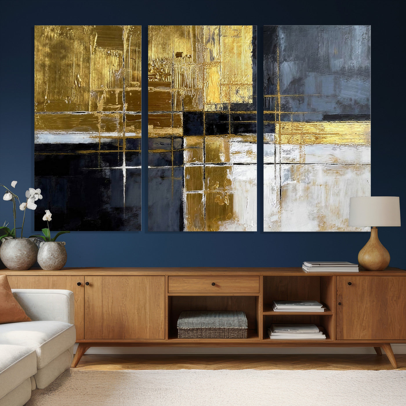Gold Navy Abstract Wall Art Canvas Print, Modern Luxury
