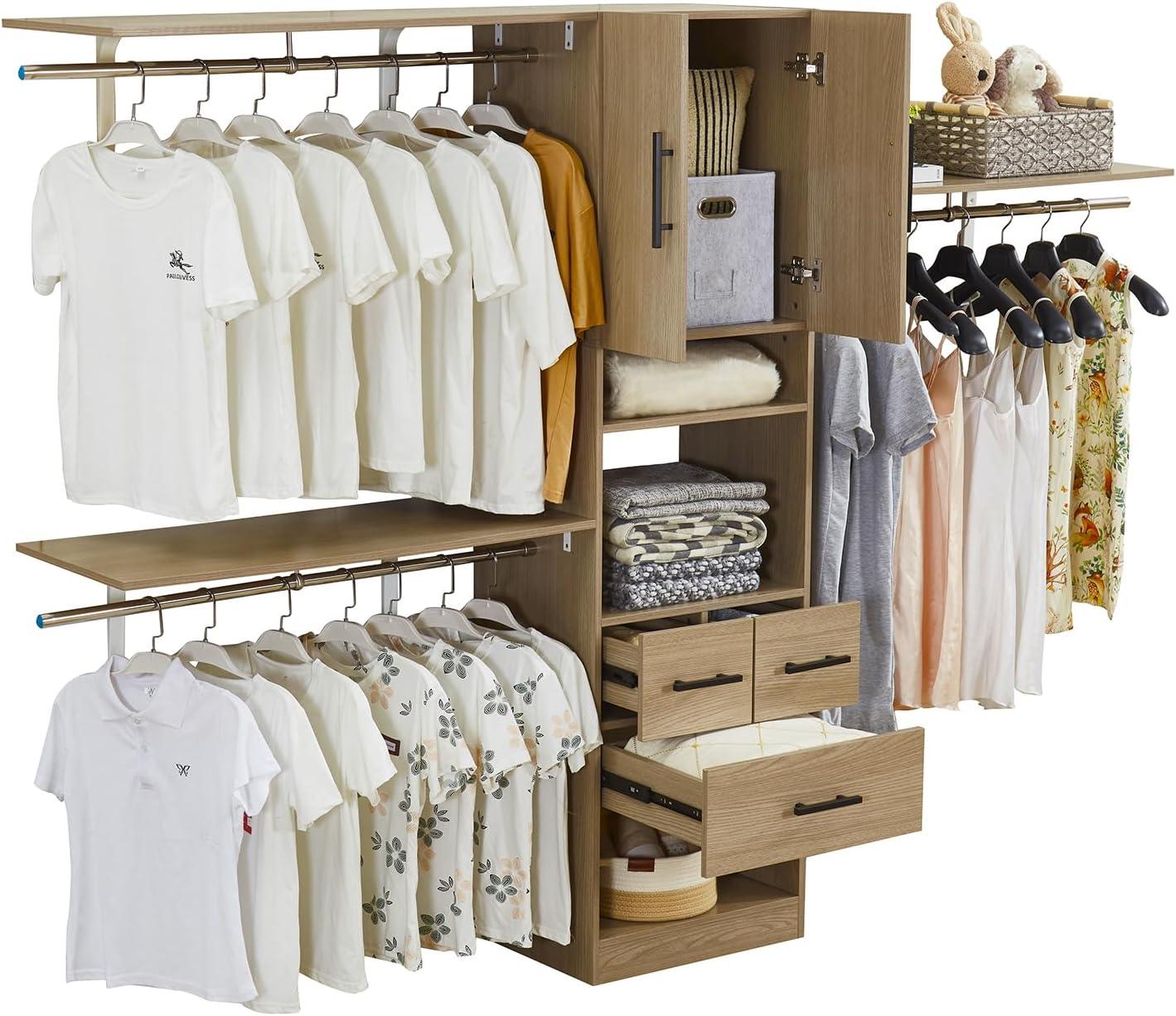 8FT Brown Built-In Closet System with 3 Drawers, 2 Doors, Shelves, Towers & Hanging Rods – Wood Organizer for Bedroom Storage - PRHOMZ