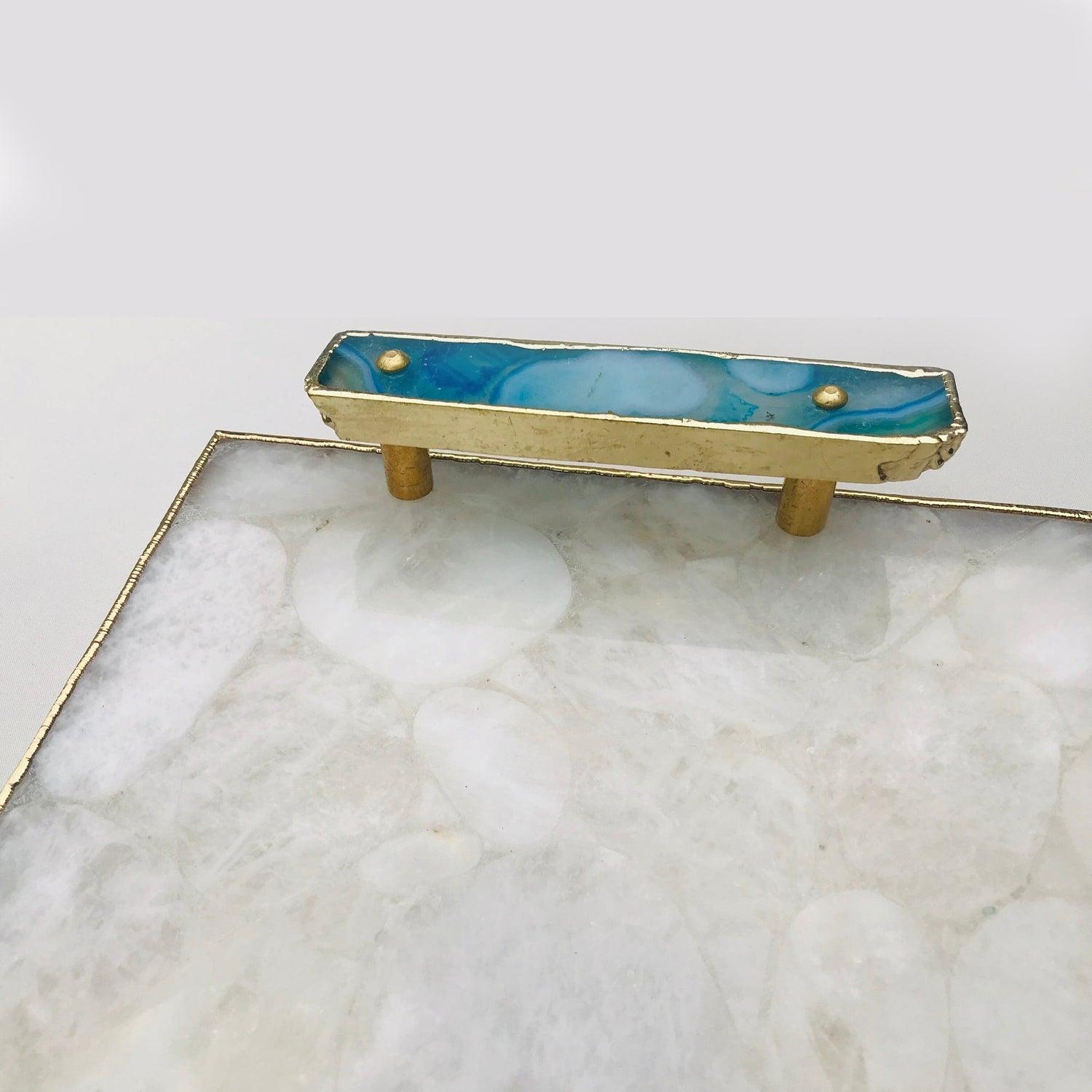 White Crystal Agate Plated Serving Tray With Blue Agate/Onyx Handles/Personalised Momentos/Sign Boards - PRHOMZ