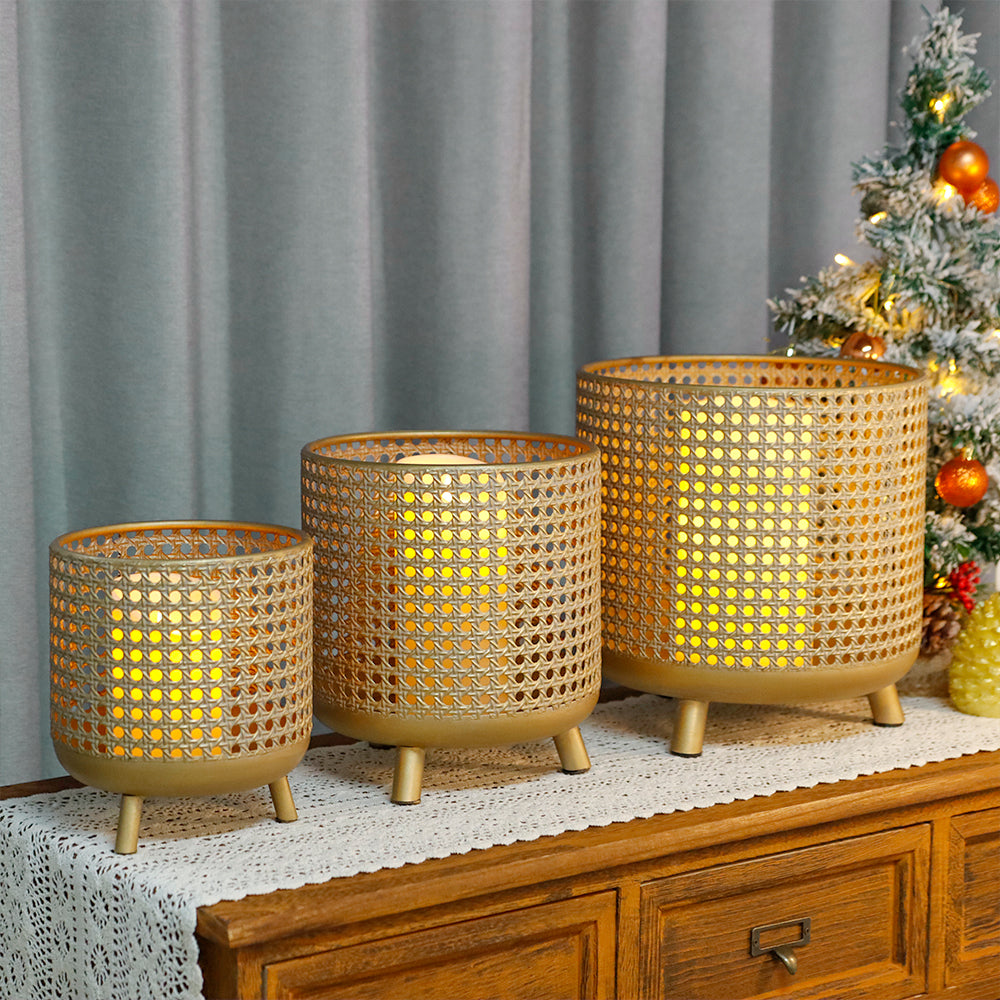 Set of 3 Gold Metal Decorative Candle Lanterns 10/8.5/7"H Candle Holder-0