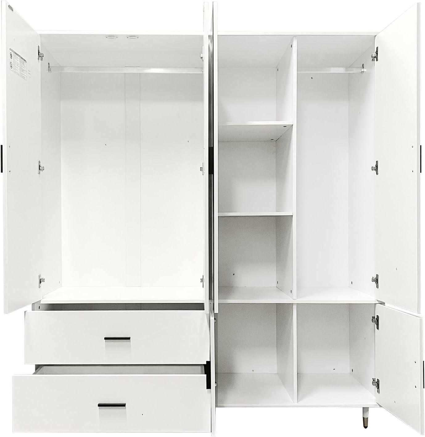 White Wood Armoire Wardrobe – 4-Door Closet with Mirror, 2 Hanging Rods, Drawers & Shelves - PRHOMZ