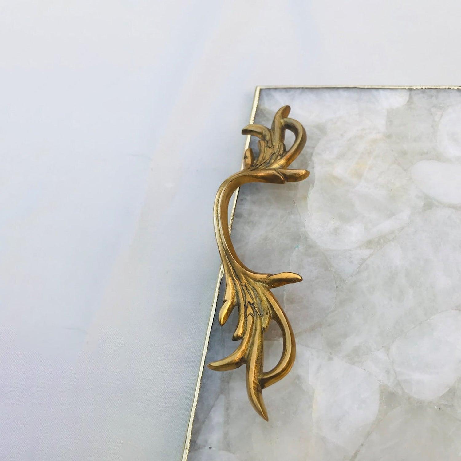 White Agate Serving Tray With Brass Handles - PRHOMZ