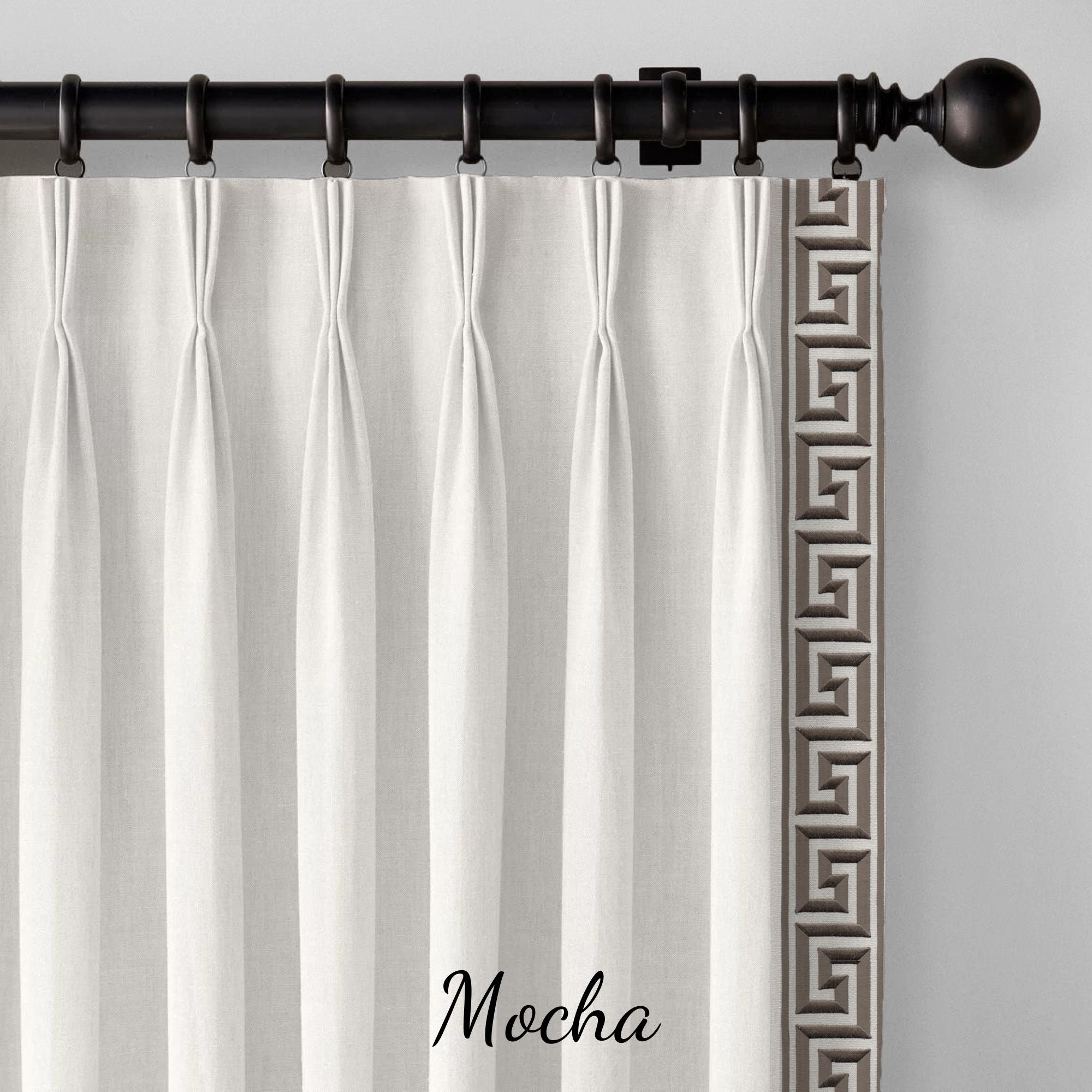 Luxury GOTS Certified White Linen Curtains | Triple Pinch Pleat | Greek Key Trim (19 Colours) | Custom Sizes-1