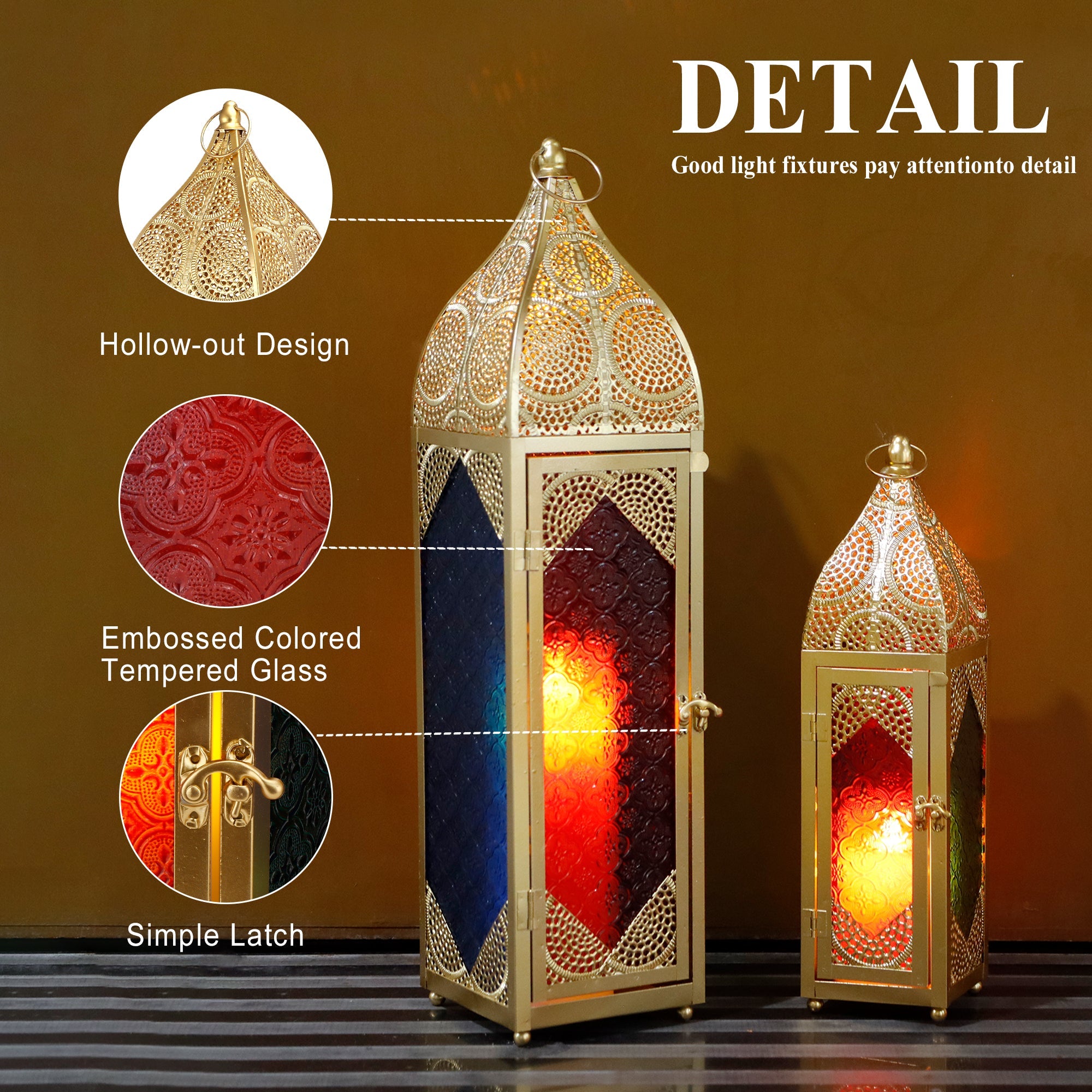 Set of 2 Moroccan Candle Lanterns - 23''&15.5'' H, Hanging, Embossed Colored Tempered Glass, Ramadan Decor for Home, Indoor/Outdoor, Patio & Weddings-1