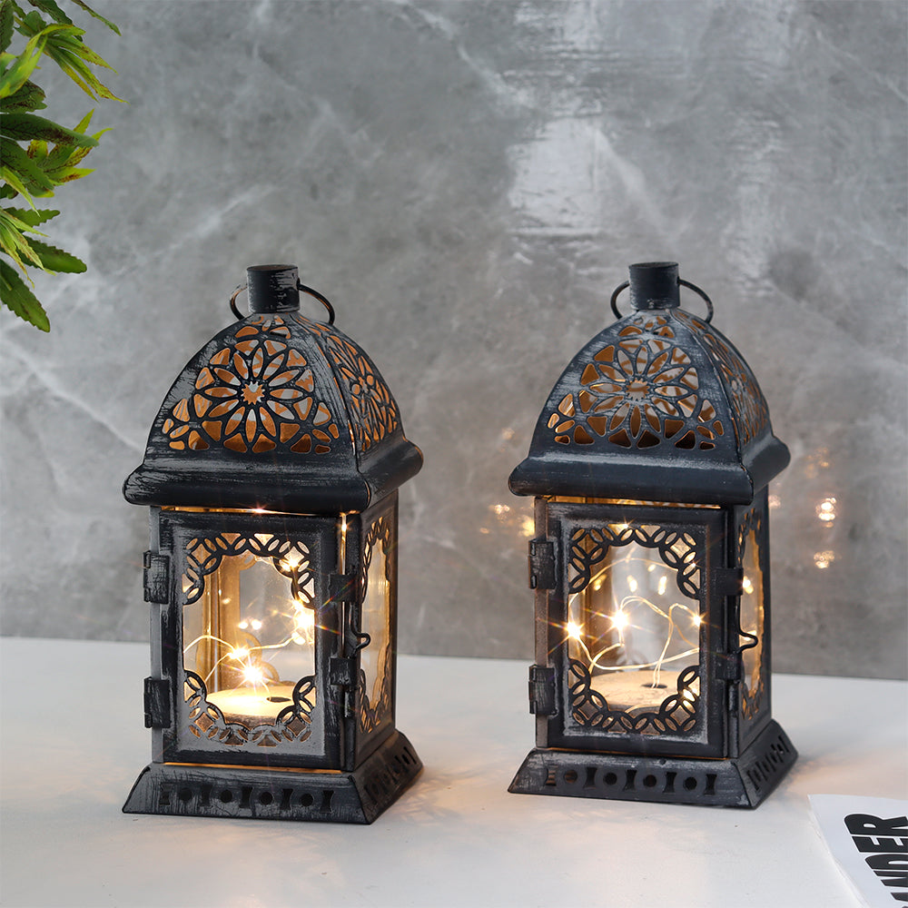 Set of 2 Battery Operated Vintage Style Decorative Lantern 8'' High (Grey)-1