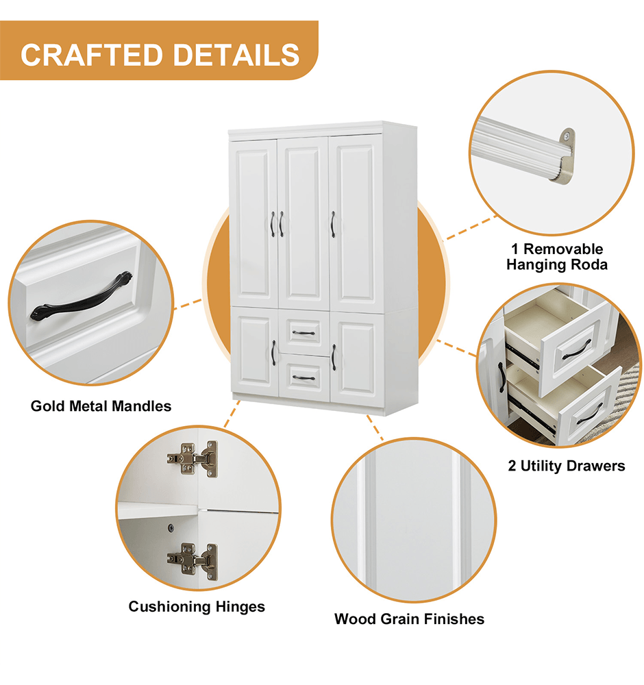 74'' White Armoire Wardrobe Closet with 3 Doors, Shelves, Hanging Rod & Drawers - Wood Storage Cabinet for Bedroom - PRHOMZ