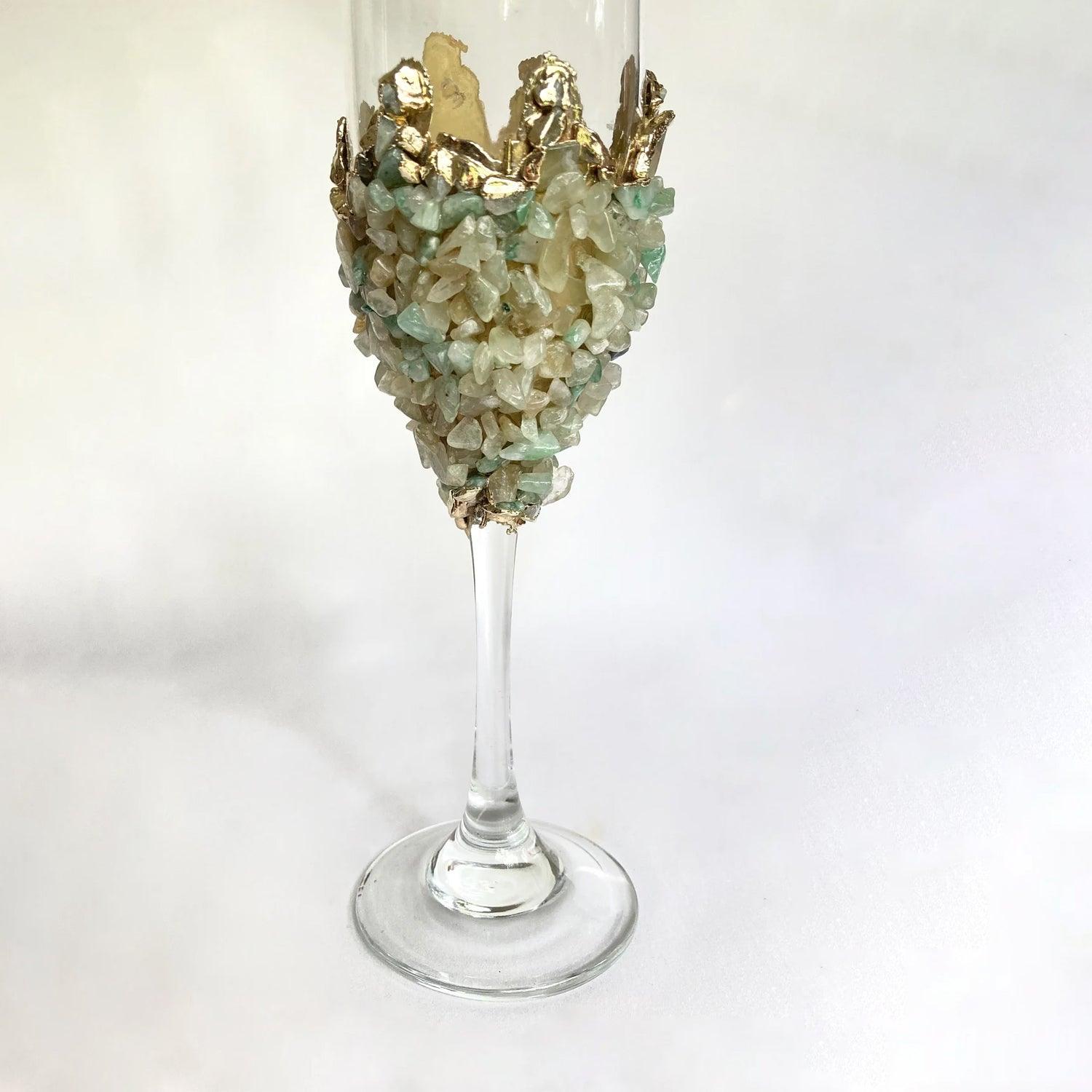 Set of 2 |Crystal Wine/Champagne Glasses with Gold Plated Light Green Agate/Quartz Semi-precious Crystals | 7 oz/215 ml - PRHOMZ