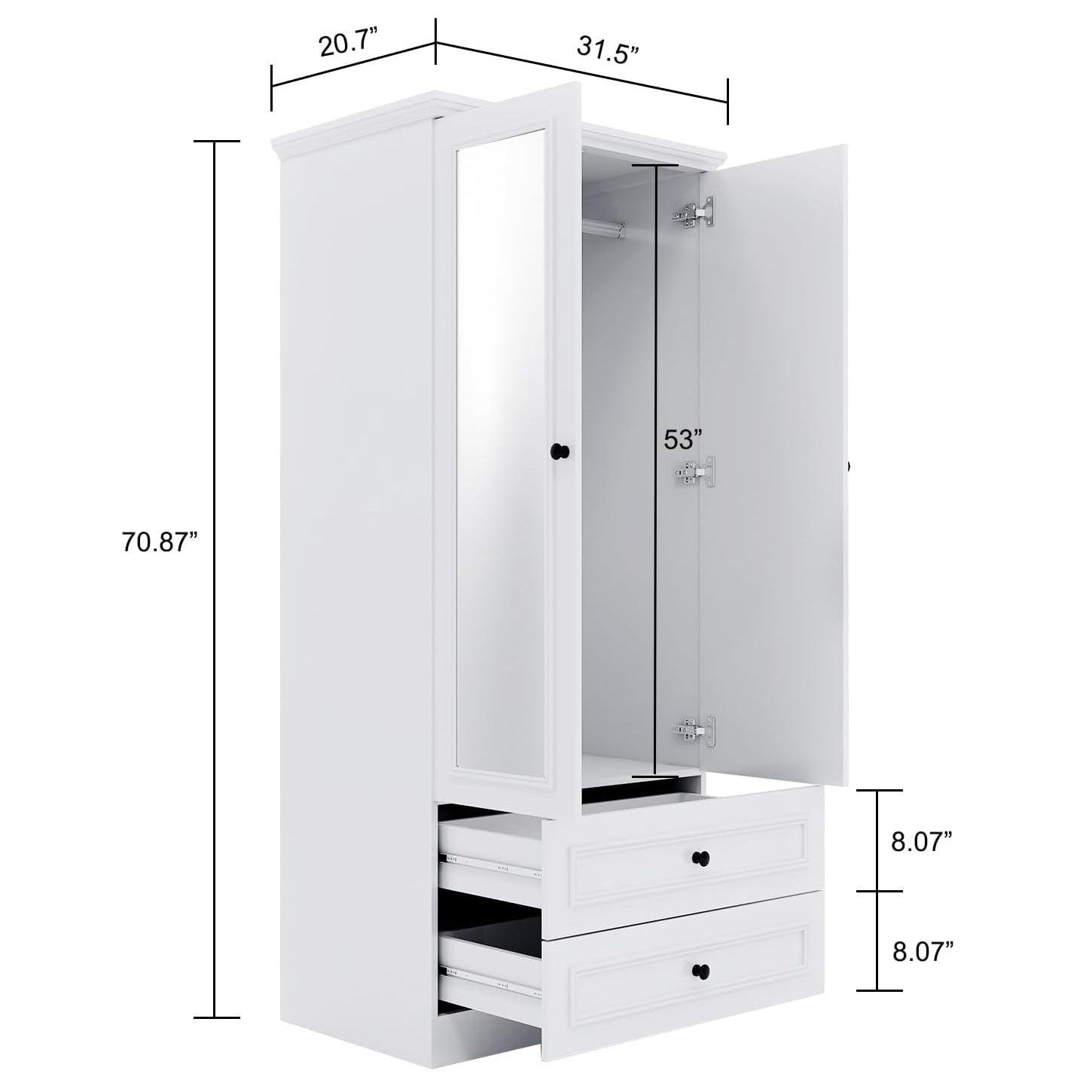 White Wooden Armoire Wardrobe – 2-Door Closet with Mirror, Hanging Rods, Drawers & Shelves for Bedroom - PRHOMZ