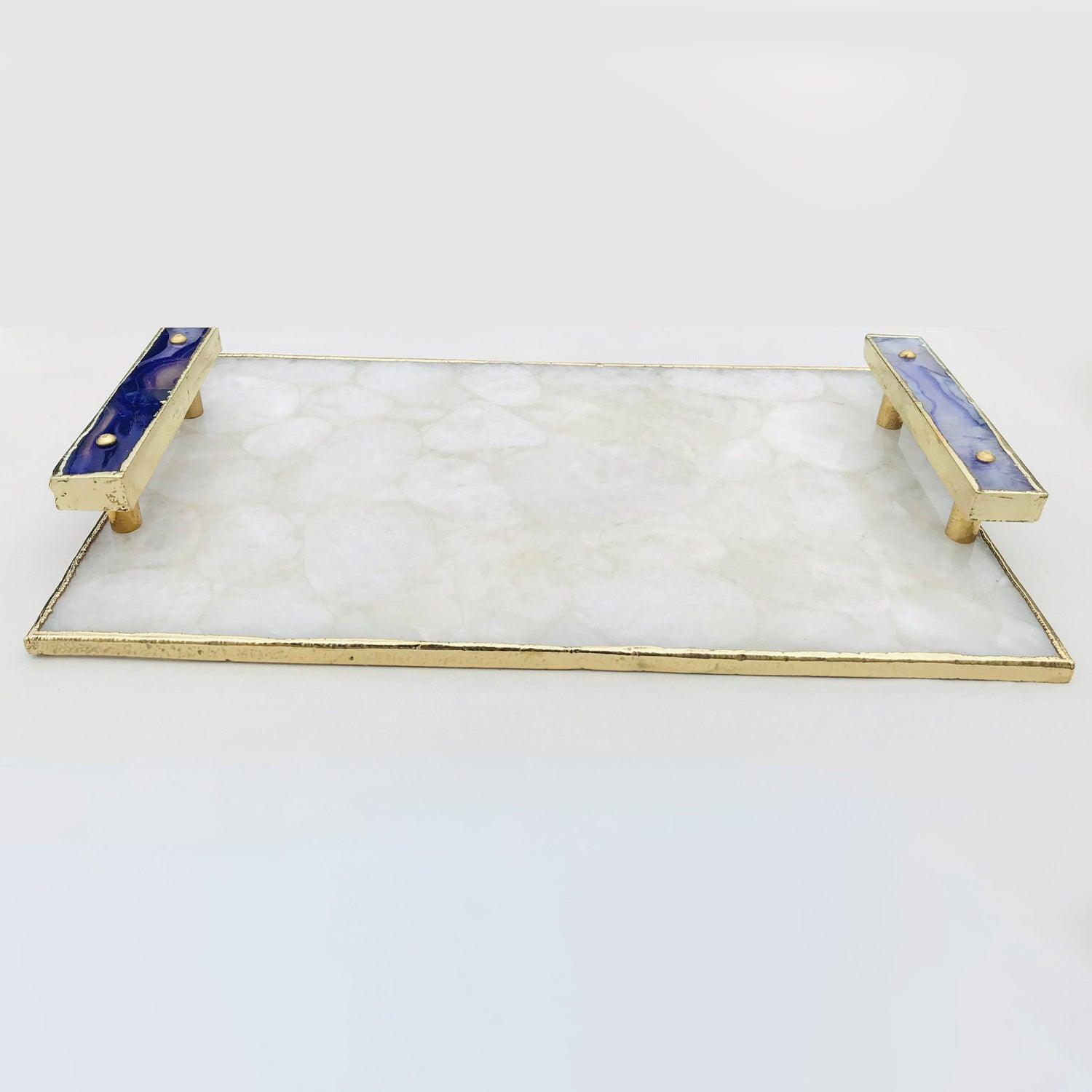 White Crystal Agate Plated Serving Tray With Purple Agate/Onyx Handles/Personalised Momentos/Sign Boards - PRHOMZ