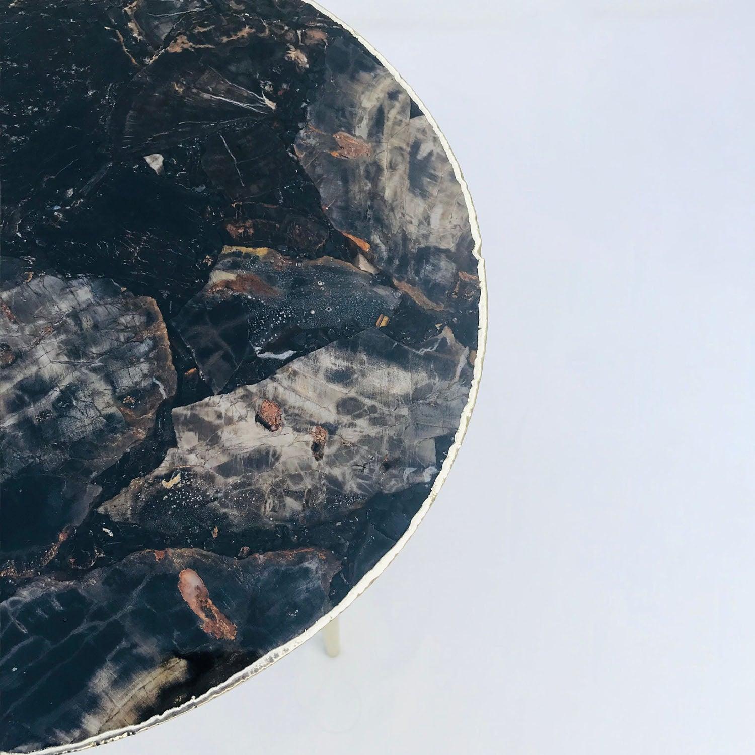 Black Petrified Wood Agate Round Edge Side/Coffee Table - PRHOMZ