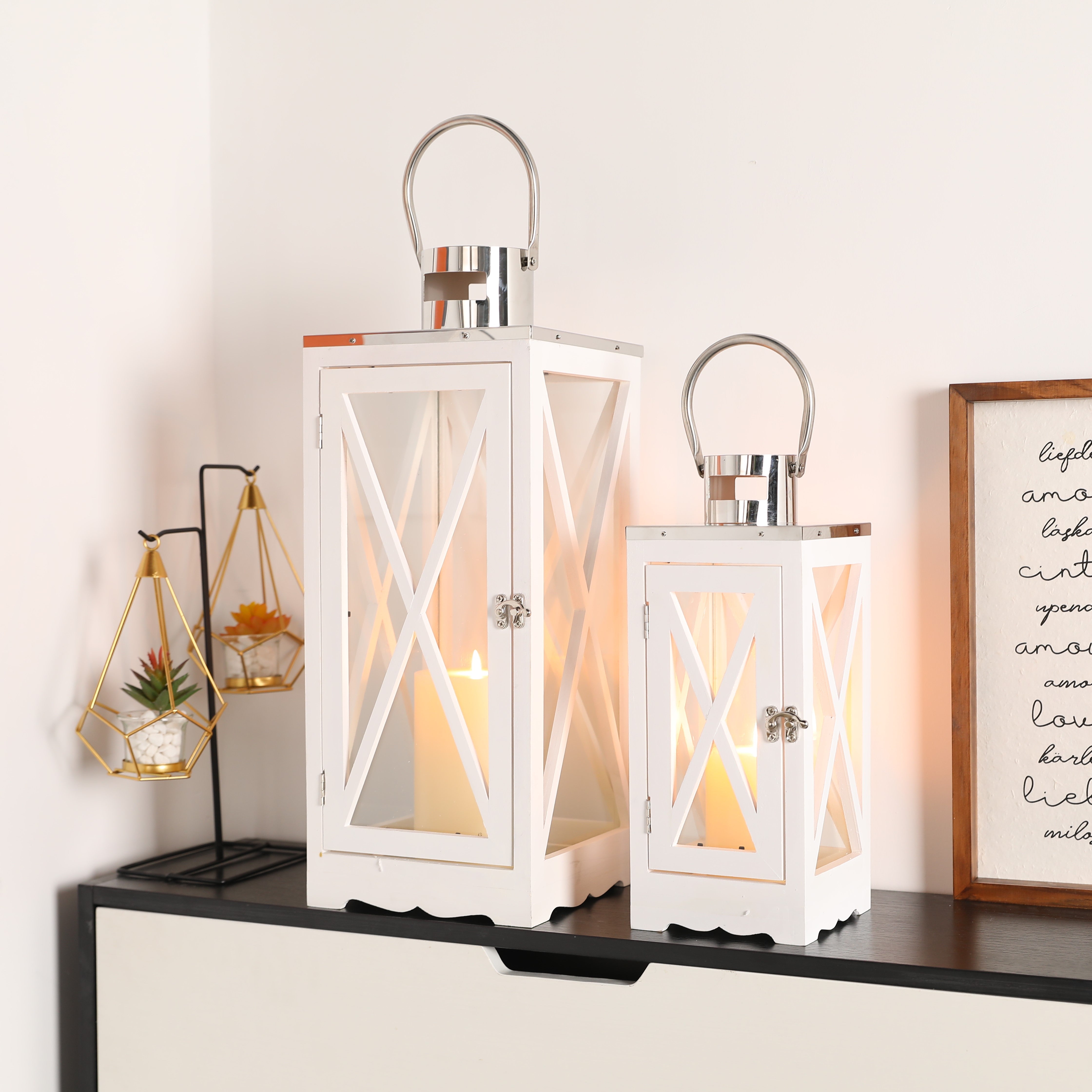 17.5''&24.5'' H Metal Decorative Candle Holders Rustic Hanging Lantern(Set of 2)-1