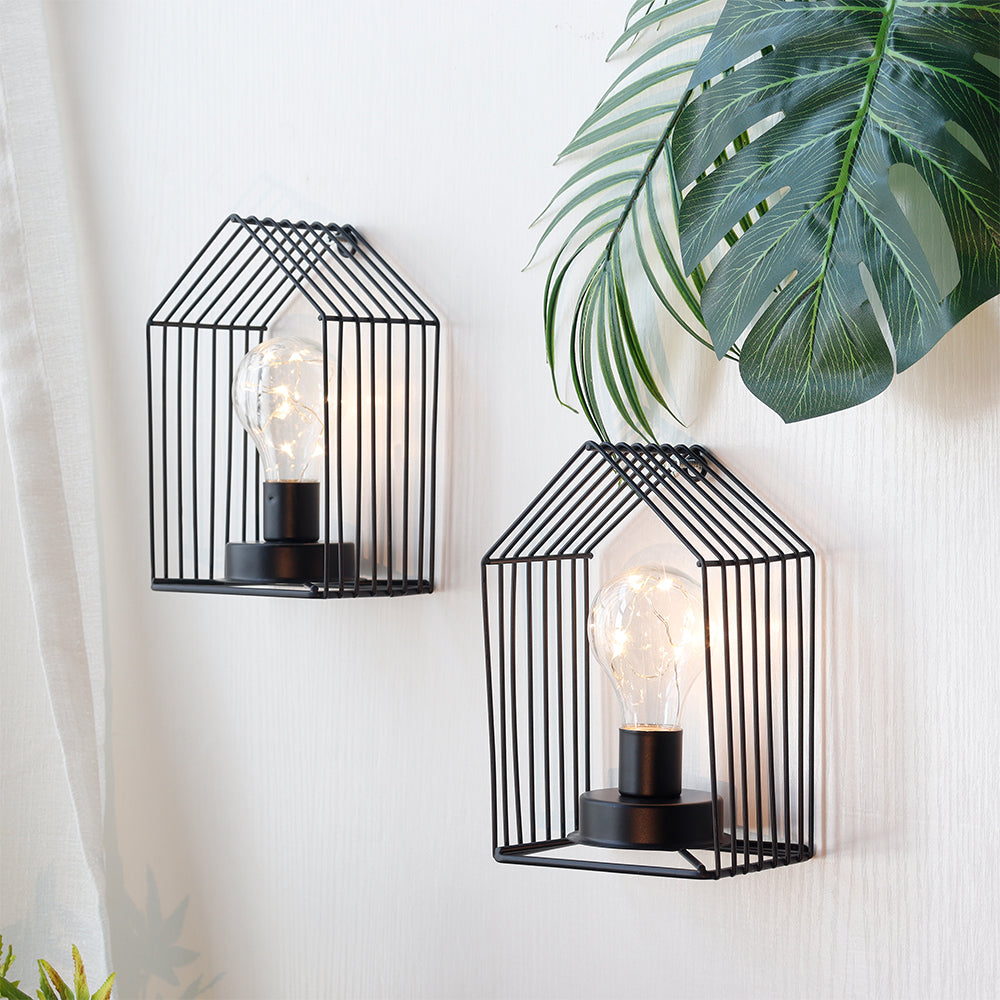 Set of 2 7''H Vintage Cage Hanging Cordless Lamps with 6-Hours Timer (Black)-1