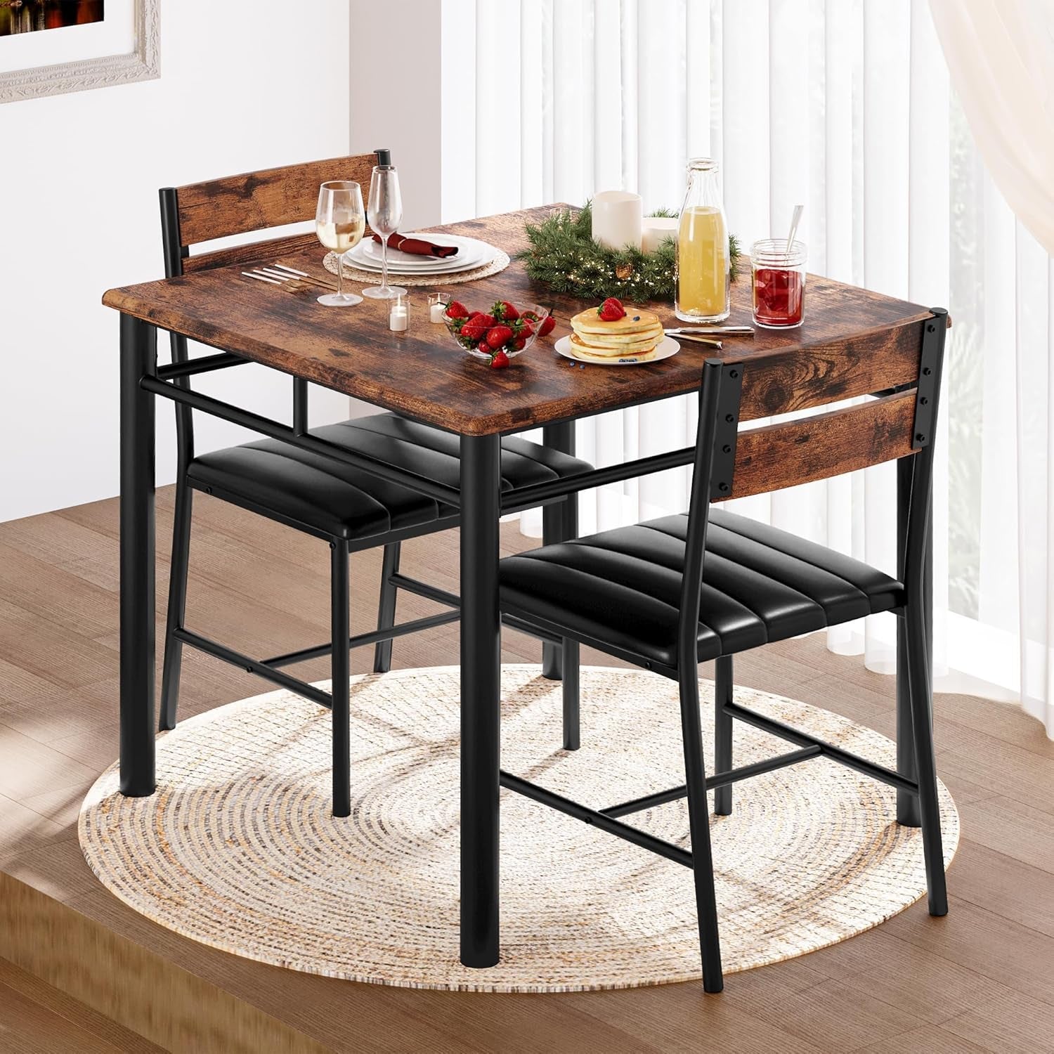Space Saving Dining Table Set For Two Rustic Brown Finish