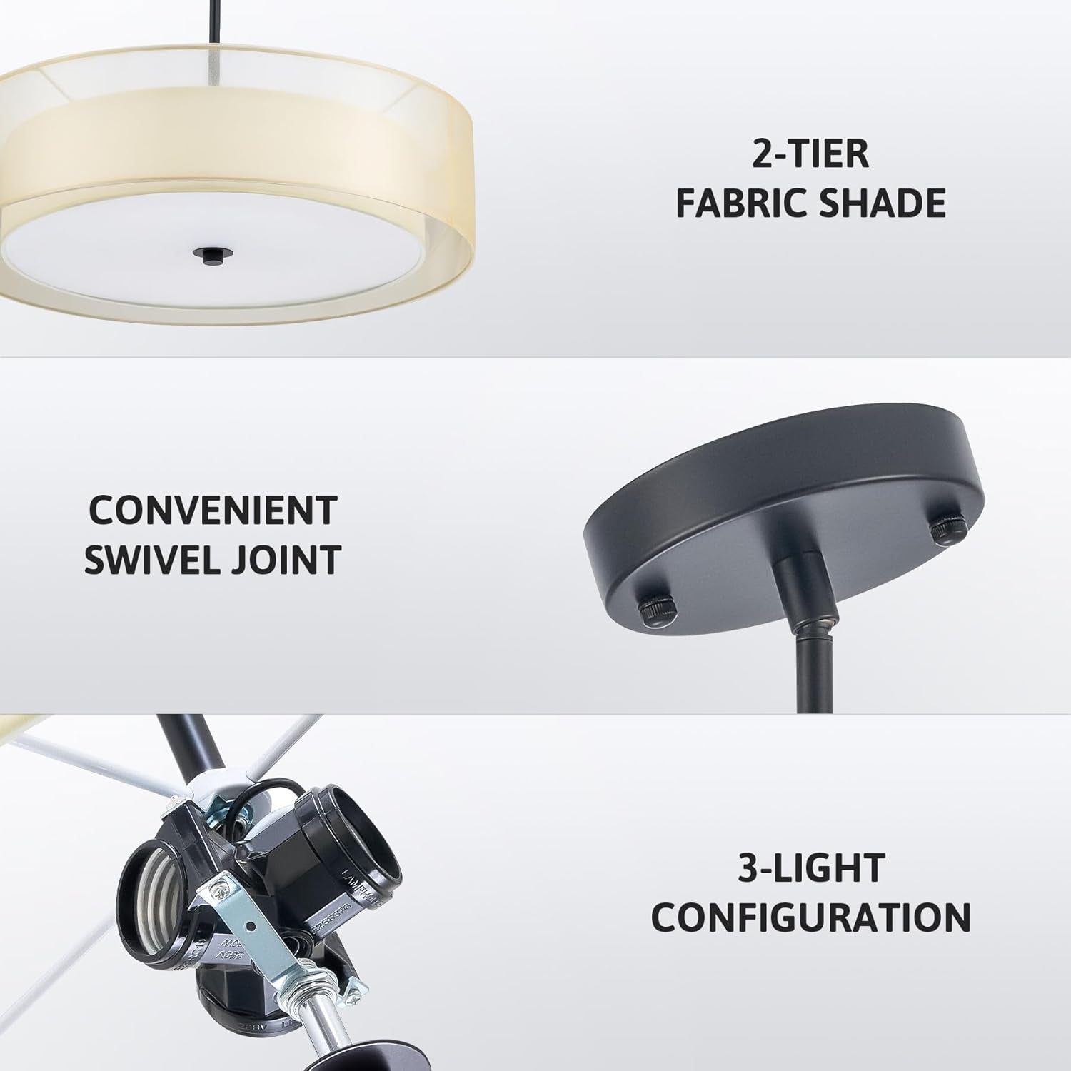 20 Inch Black Drum Pendant Light With Fabric Shade Three Light Matte Finish For Living Room