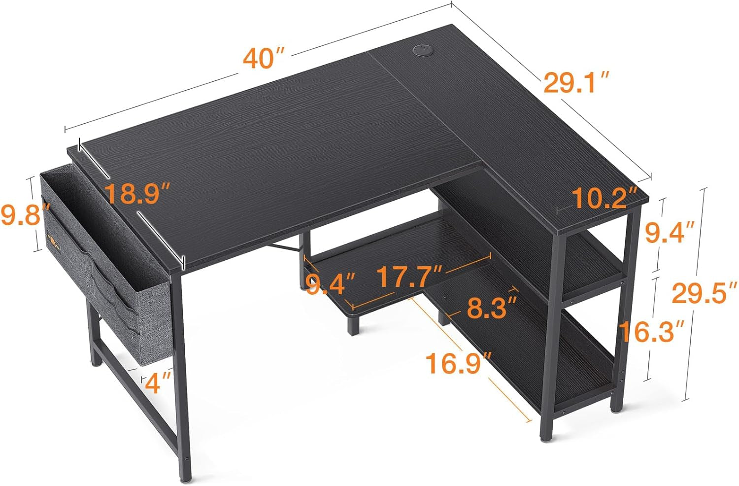 40In L Shaped Gaming Desk With Power Outlets Black