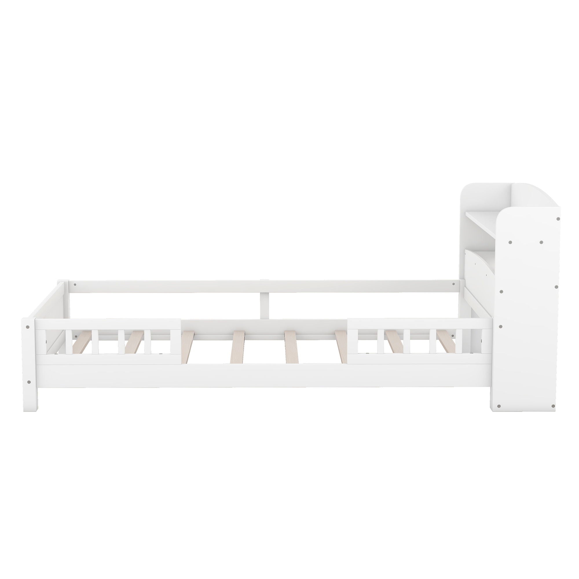 Wood Platform Bed With Built In LED Light, Storage Headboard And Guardrail